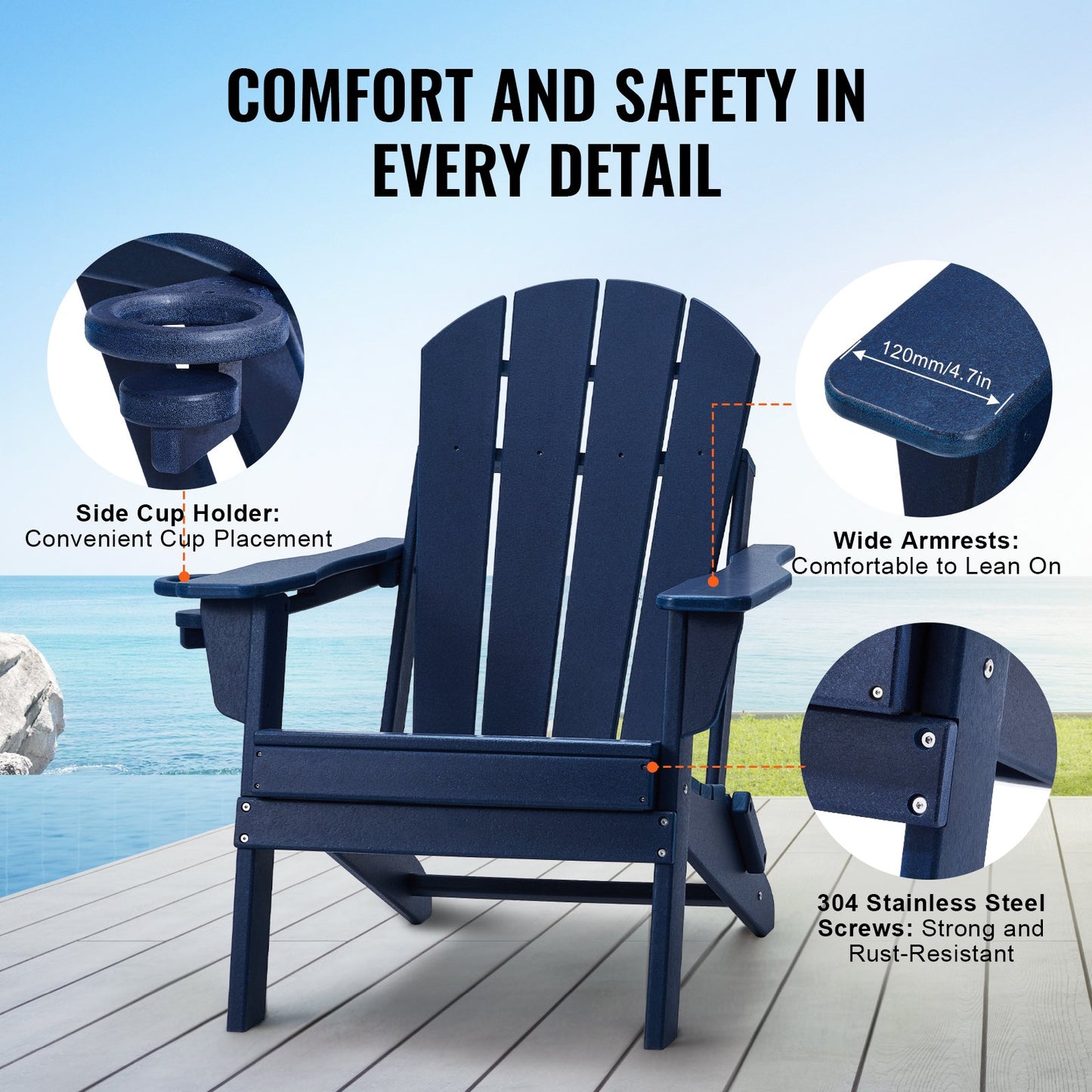 AI62 Decor Set of 2 Adirondack Folding Chairs – Navy Blue