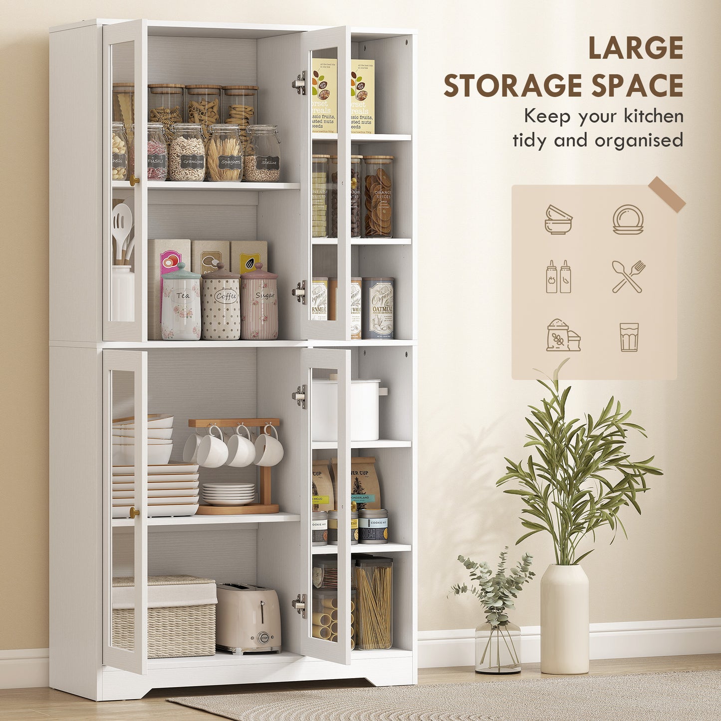 AI62 Decor Multi-Storage Kitchen Cabinet with Glass Doors – White Wood Effect