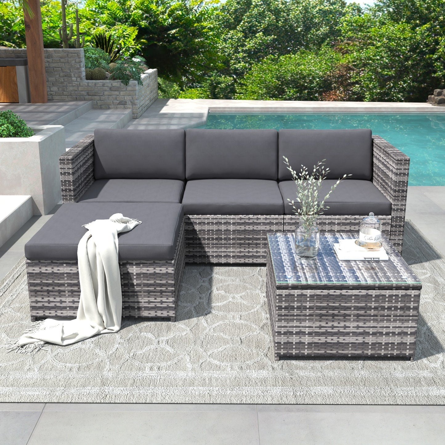 AI62 Decor Grey Rattan Garden Corner Sofa