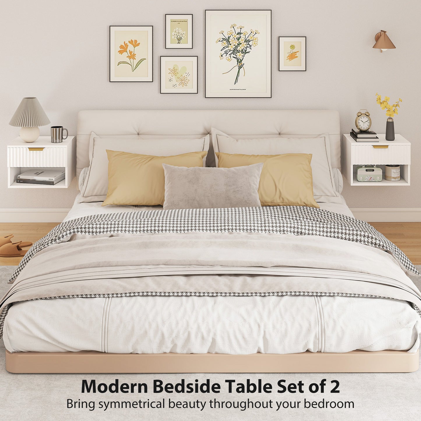 AI62 Decor White Floating Nightstands Set of 2 with Fluted Drawer & Open Shelf
