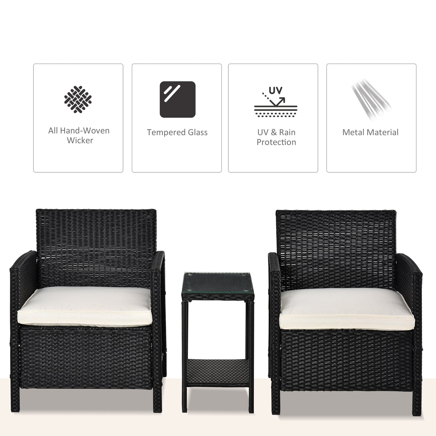 AI62 Decor 2-Seater PE Rattan Bistro Set with Pillows – Black