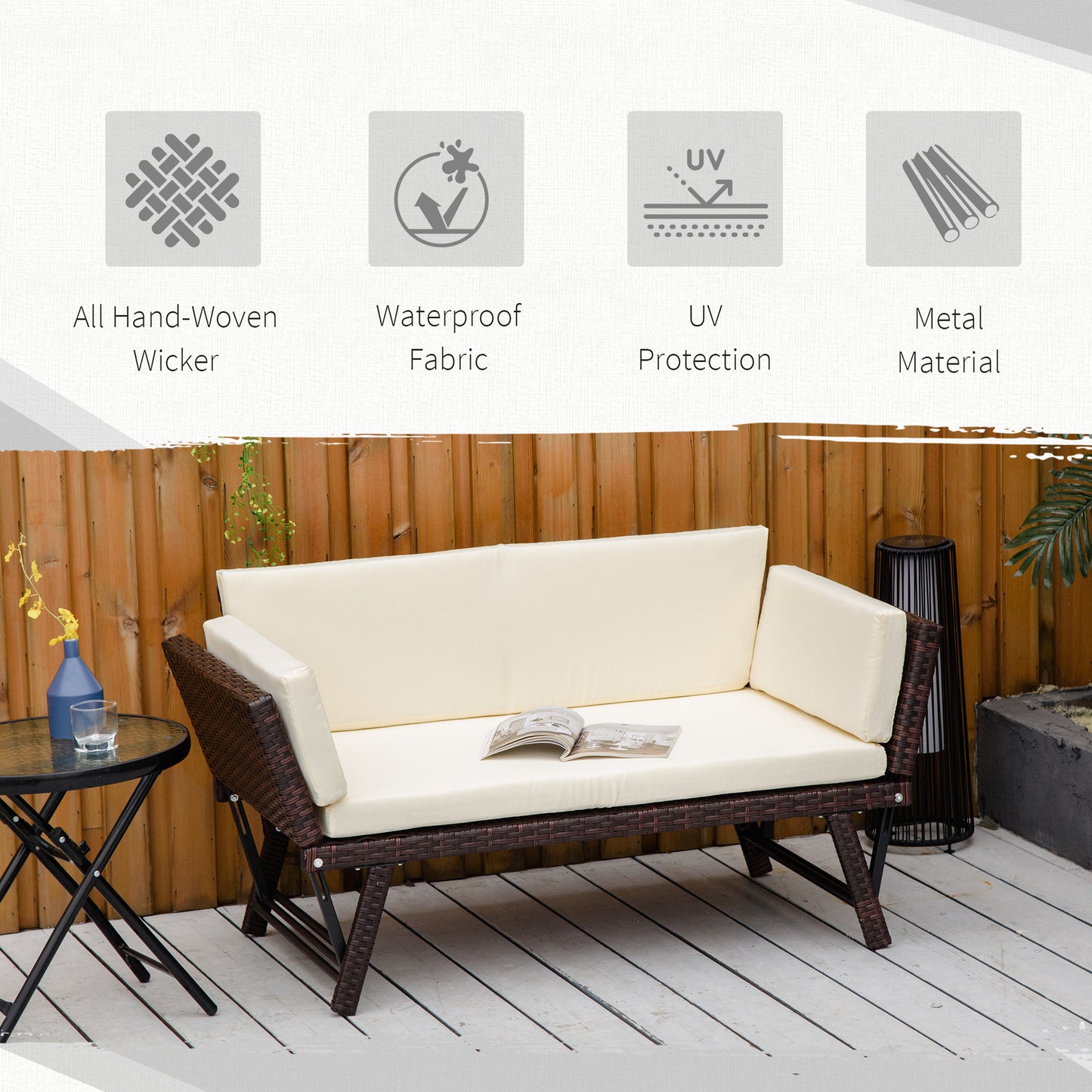 AI62 Decor 2-Seater 2-in-1 Rattan Convertible Sofa Daybed Brown
