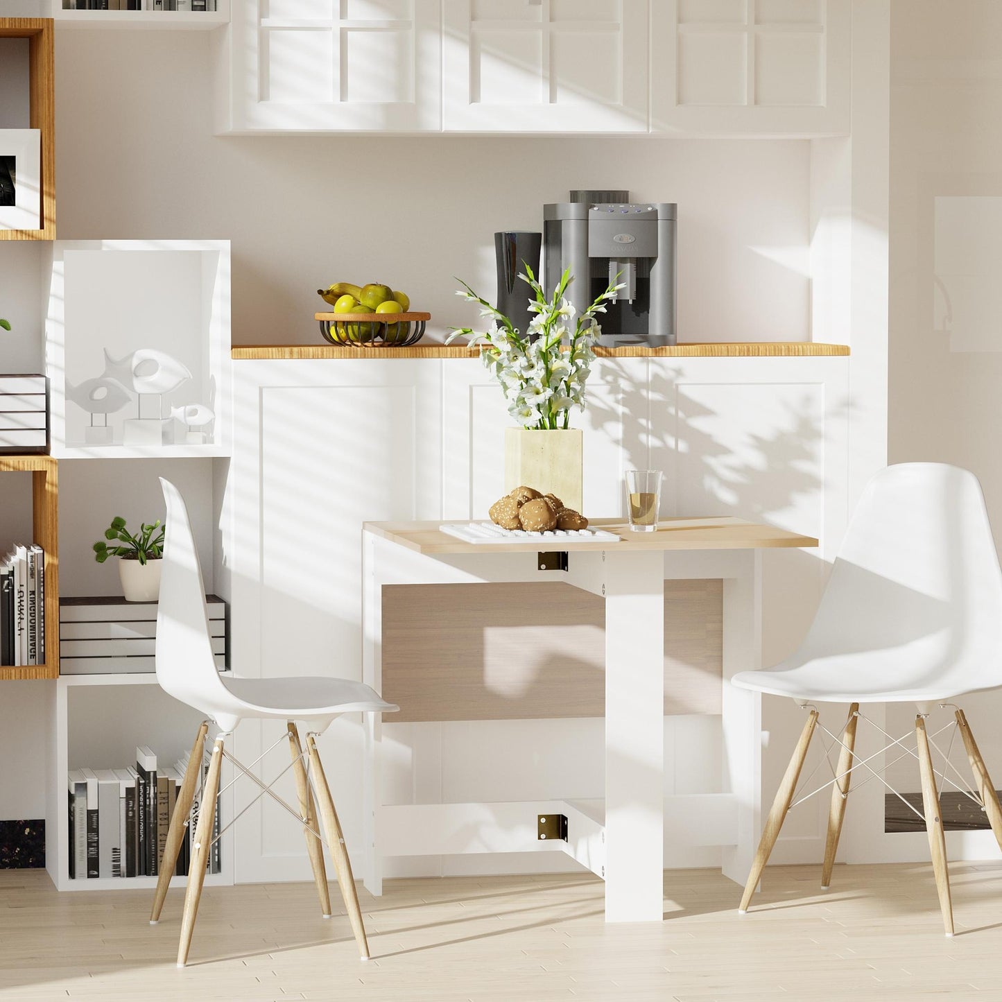 AI62 Decor Space-Saving Oak & White Folding Drop-Leaf Dining Table