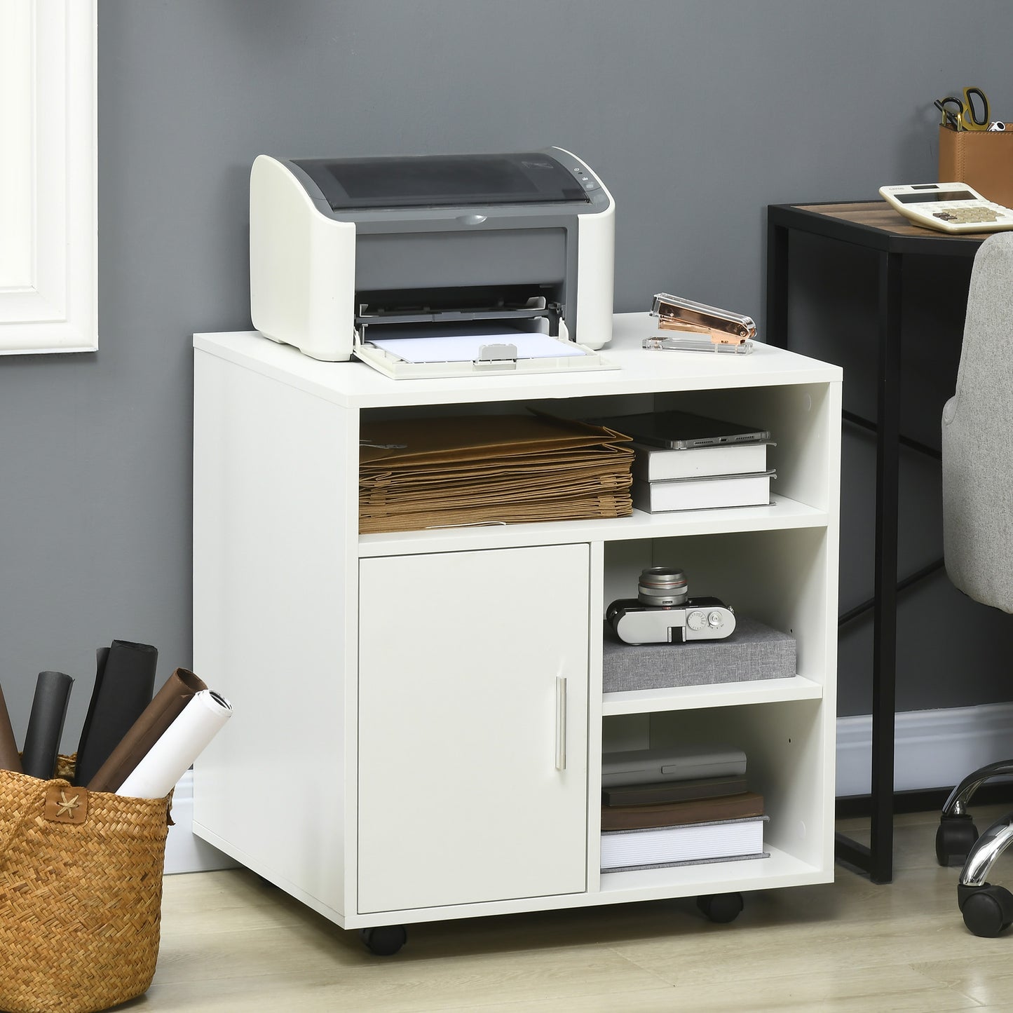AI62 Decor Mobile Printer Stand with Storage & Wheels – White (60 x 50 x 65.5 cm)