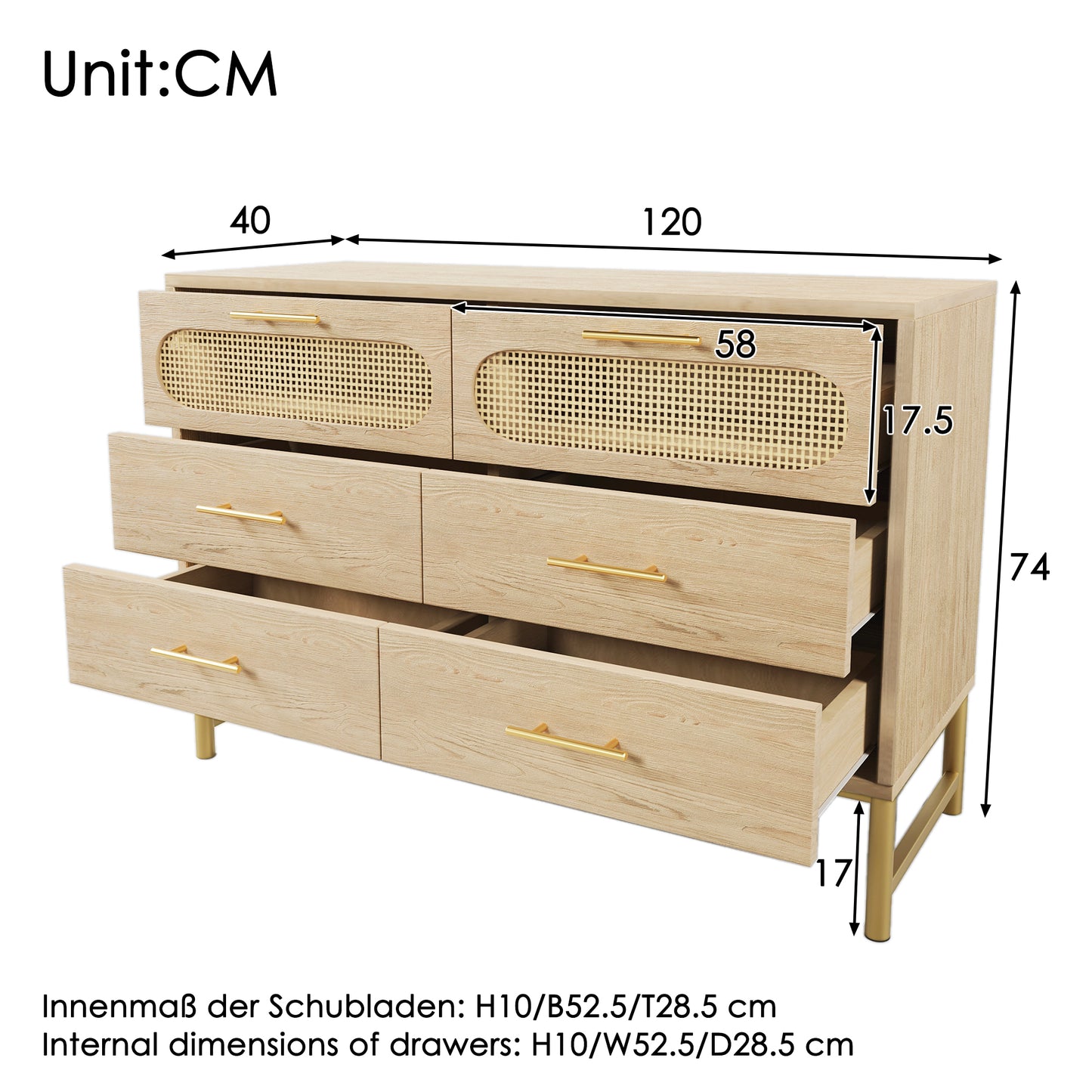 AI62 Decor 6-Drawer Oak Sideboard with Rattan Design