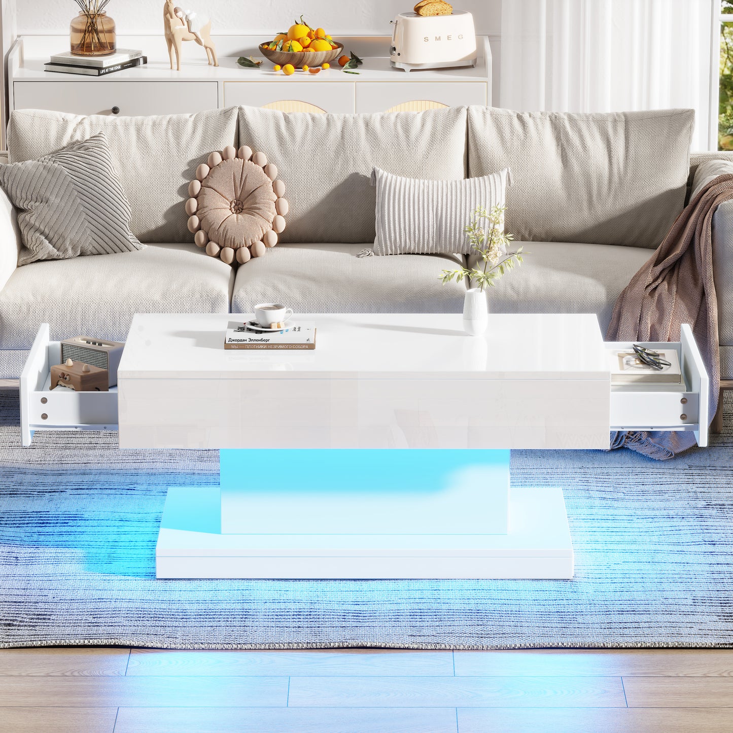 AI62 Decor High-Gloss LED Coffee Table with 2 Drawers (White, 100×50×45 cm)