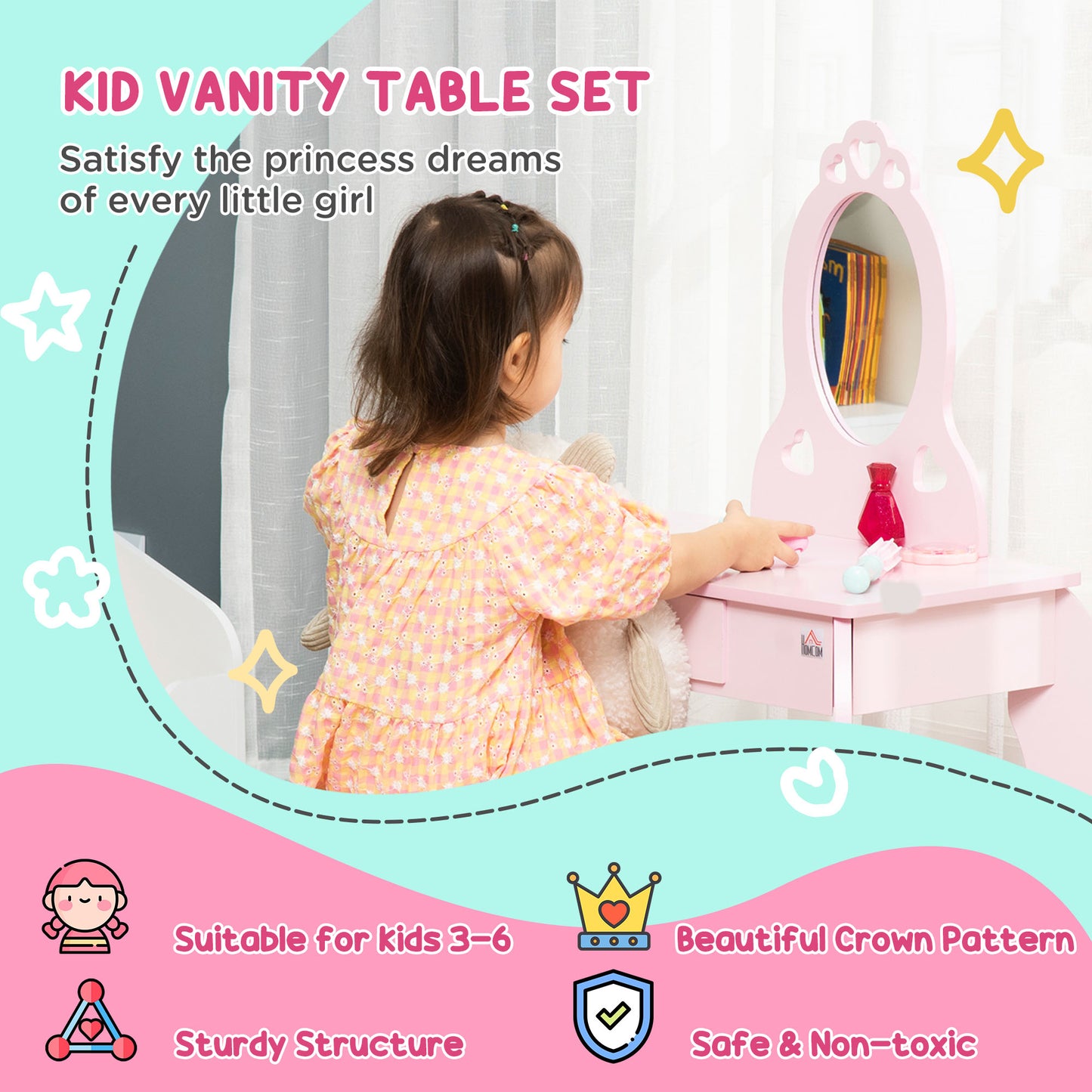 AI62 Decor Pink Kids Vanity Table & Stool Set with Mirror