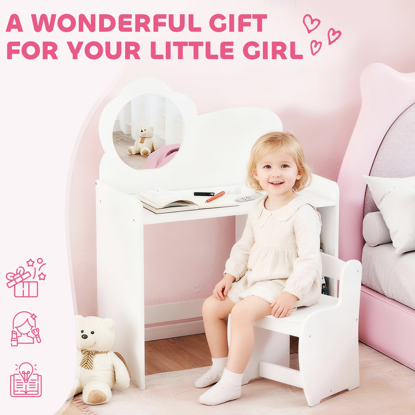 AI62 Decor  Kids Vanity Dressing Table Set with Mirror & Stool – White (Ages 3–8)