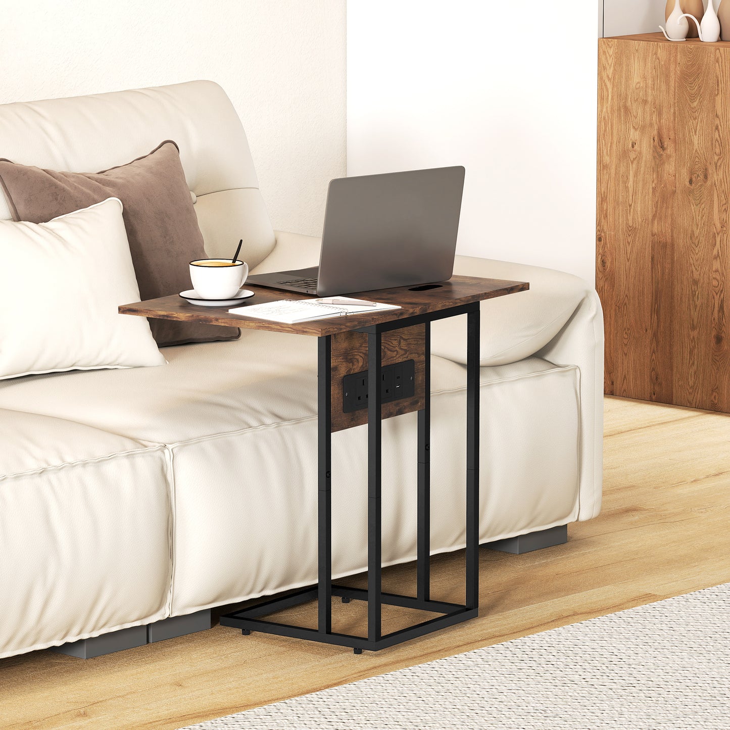 AI62 Decor C Shaped Side Table With Charging Station And Foldable Top - Rustic Brown
