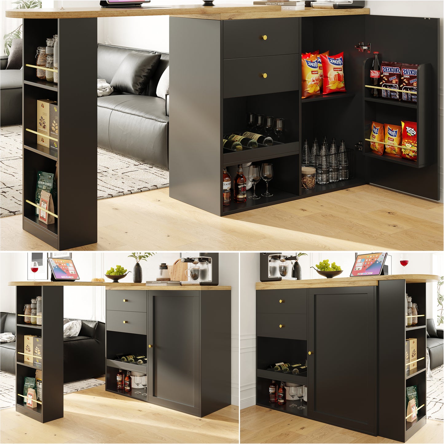 AI62 Decor Swivelling Bar Table with 2 Drawers & Open Storage