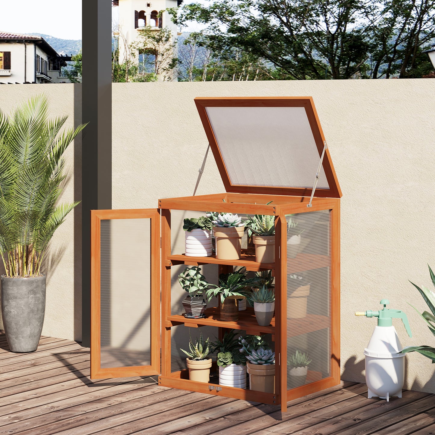 AI62 Decor 3-Tier Wood & Polycarbonate Garden Greenhouse with Storage Shelf – Orange