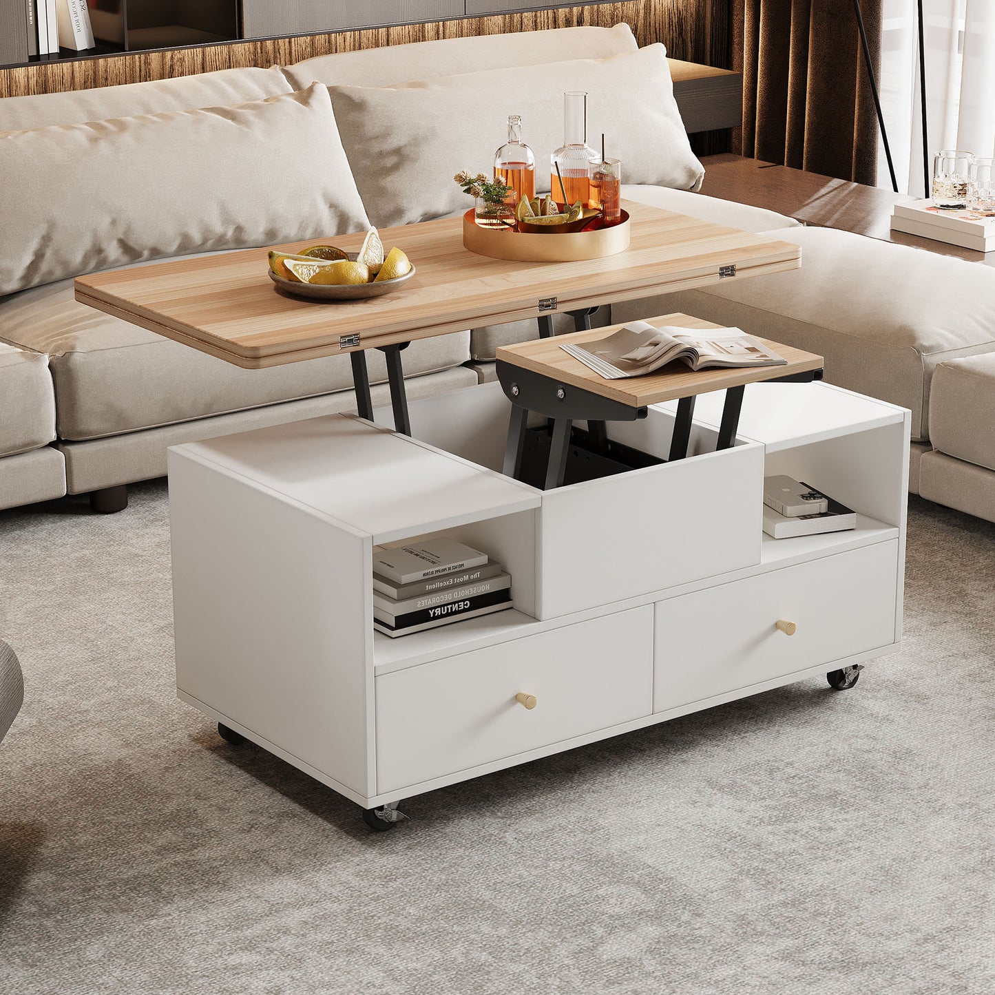 AI62 Decor Lift Top Coffee Table with Wheels & 4 Drawers
