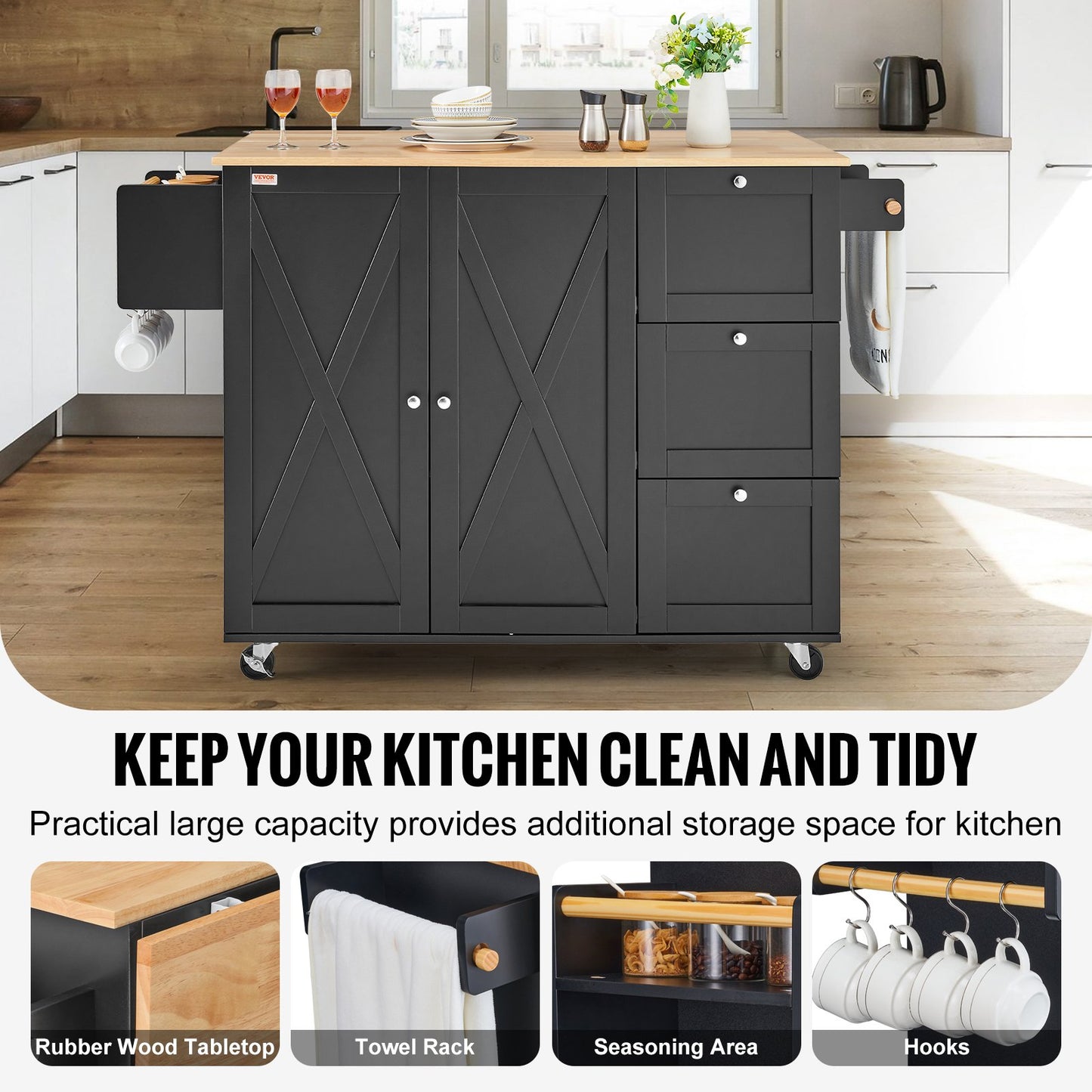 AI62 Decor 56″ Kitchen Island Cart with Storage Cabinet & Wood Top, Black
