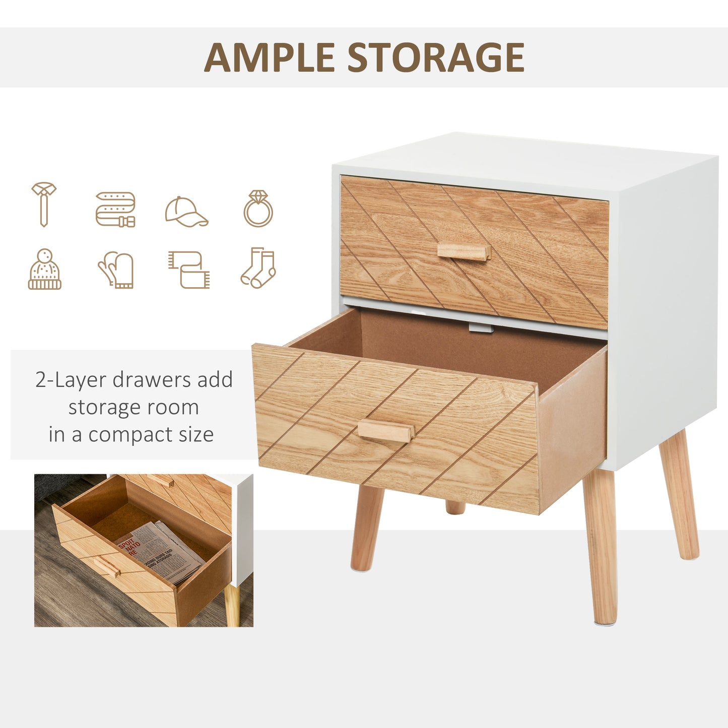 AI62 Decor 2Wooden Bedside Table with Drawers & Pine Legs, Natural