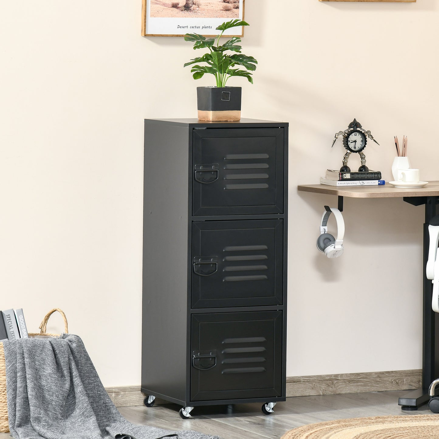 AI62 Decor Black 3-Tier Rolling Storage Cabinet with Metal Doors