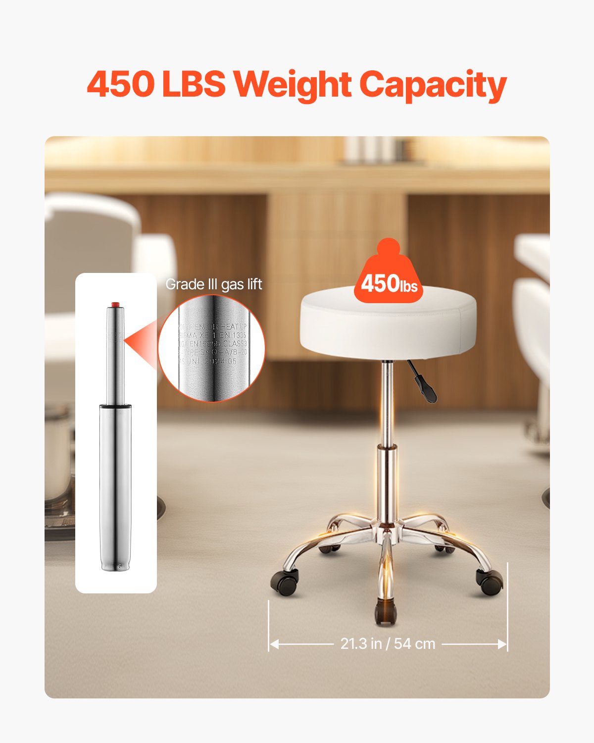AI62 Decor White Adjustable Rolling Stool with Wheels – 450lbs Swivel Salon Chair