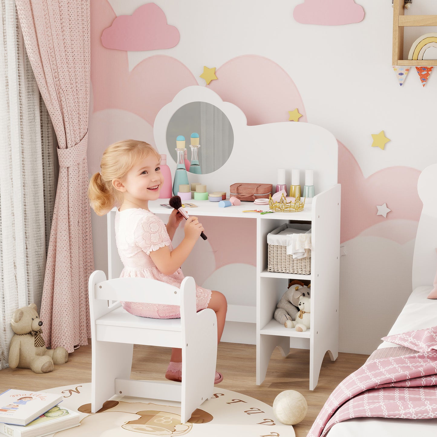 AI62 Decor  Kids Vanity Dressing Table Set with Mirror & Stool – White (Ages 3–8)