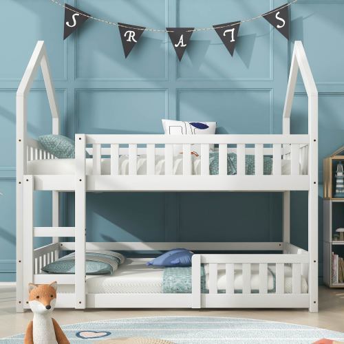 Castle Style Wooden Bunk Bed with Ladder for Kids AI62Decor