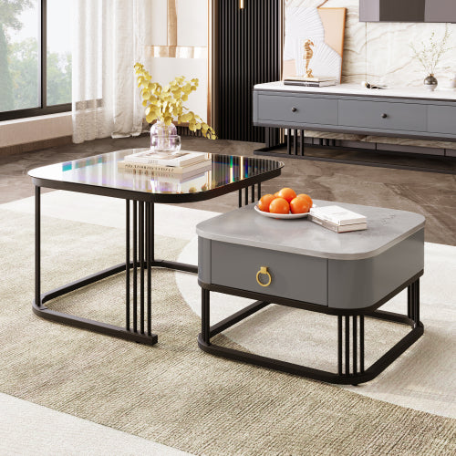 AI62 Decor High Gloss Marble Nesting Coffee Tables with Gold Accents
