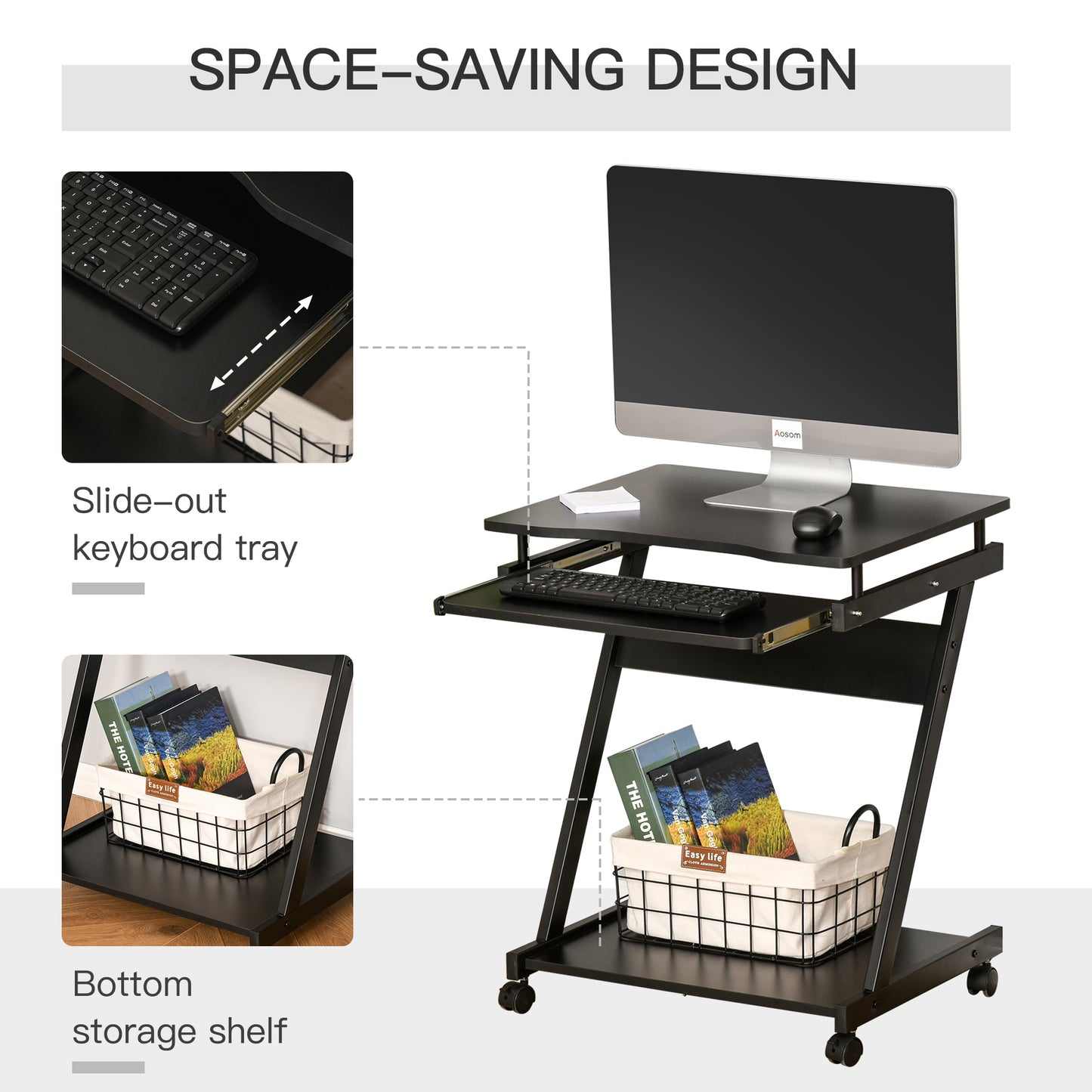 AI62 Decor Movable Computer Desk with Keyboard Tray & Wheels – Black