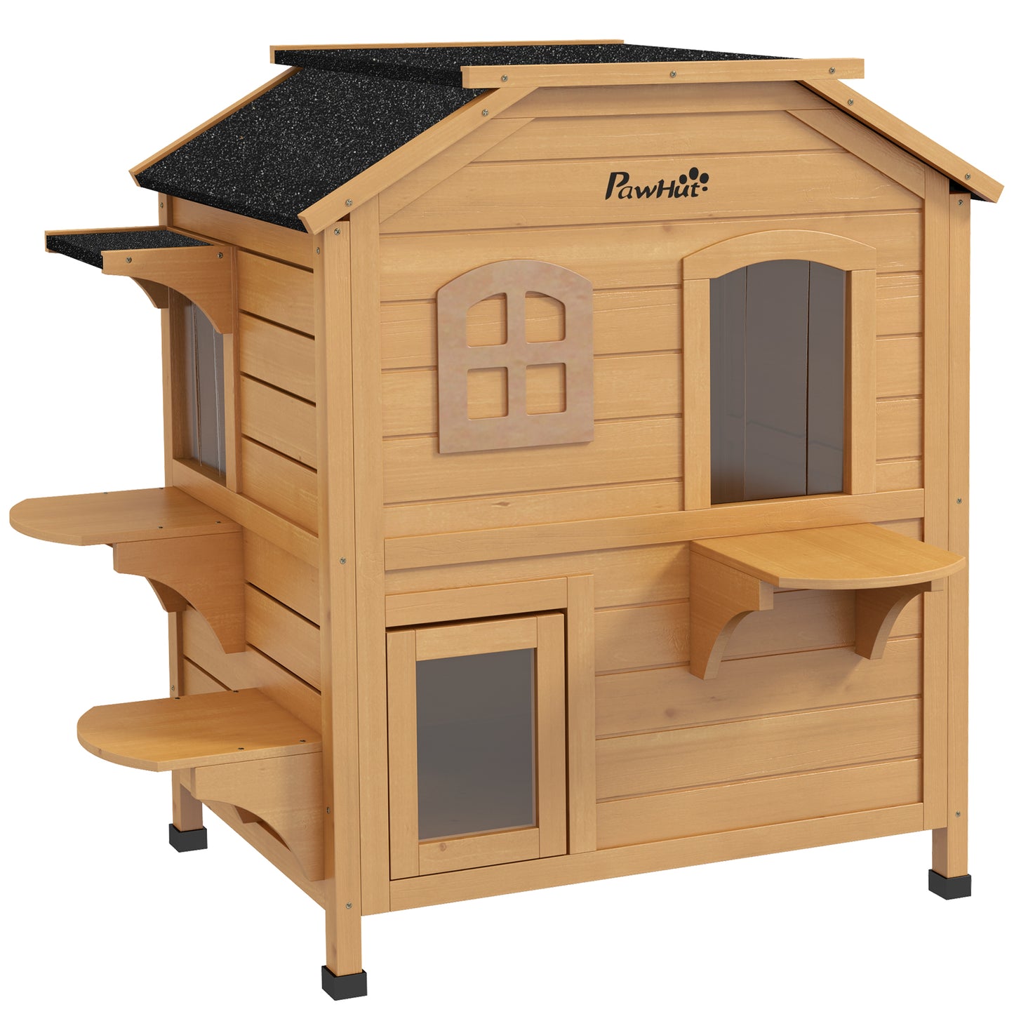 AI62 Decor PawHut 2-Story Outdoor Wooden Cat House with Platforms – Natural Finish