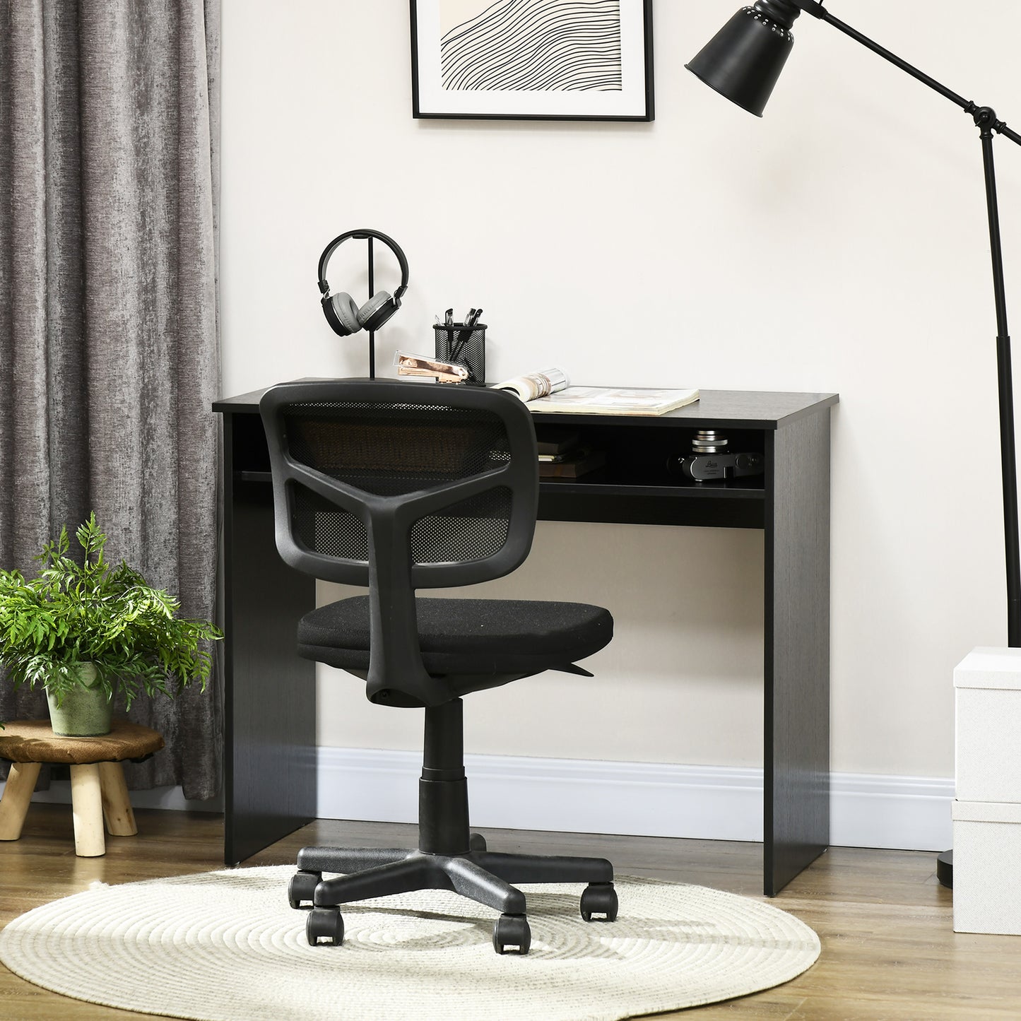 AI62 Decor 90cm Modern Computer Desk with Storage Shelf – Black Wood Grain