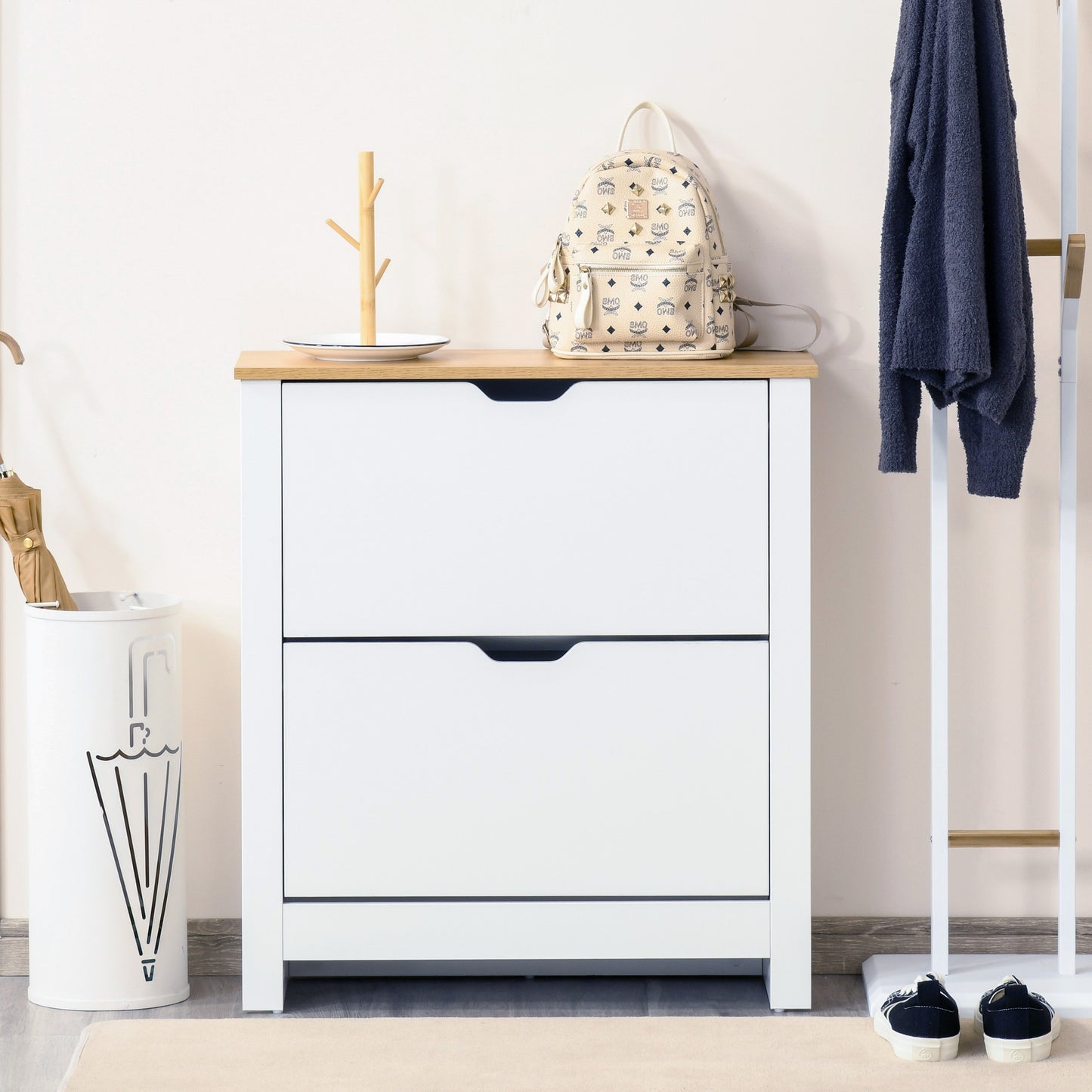 AI62 Decor Narrow Shoe Cabinet with 2 Flip Drawers & Adjustable Shelves – White