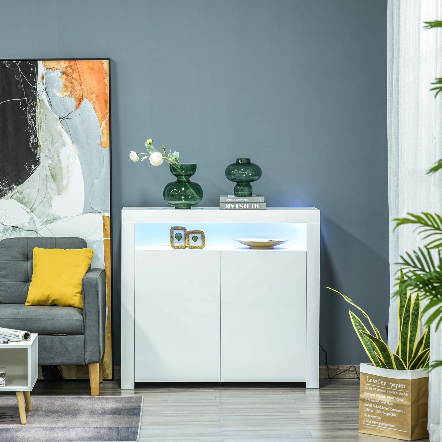 AI62 Decor 2-Door LED Sideboard with Shelves – White