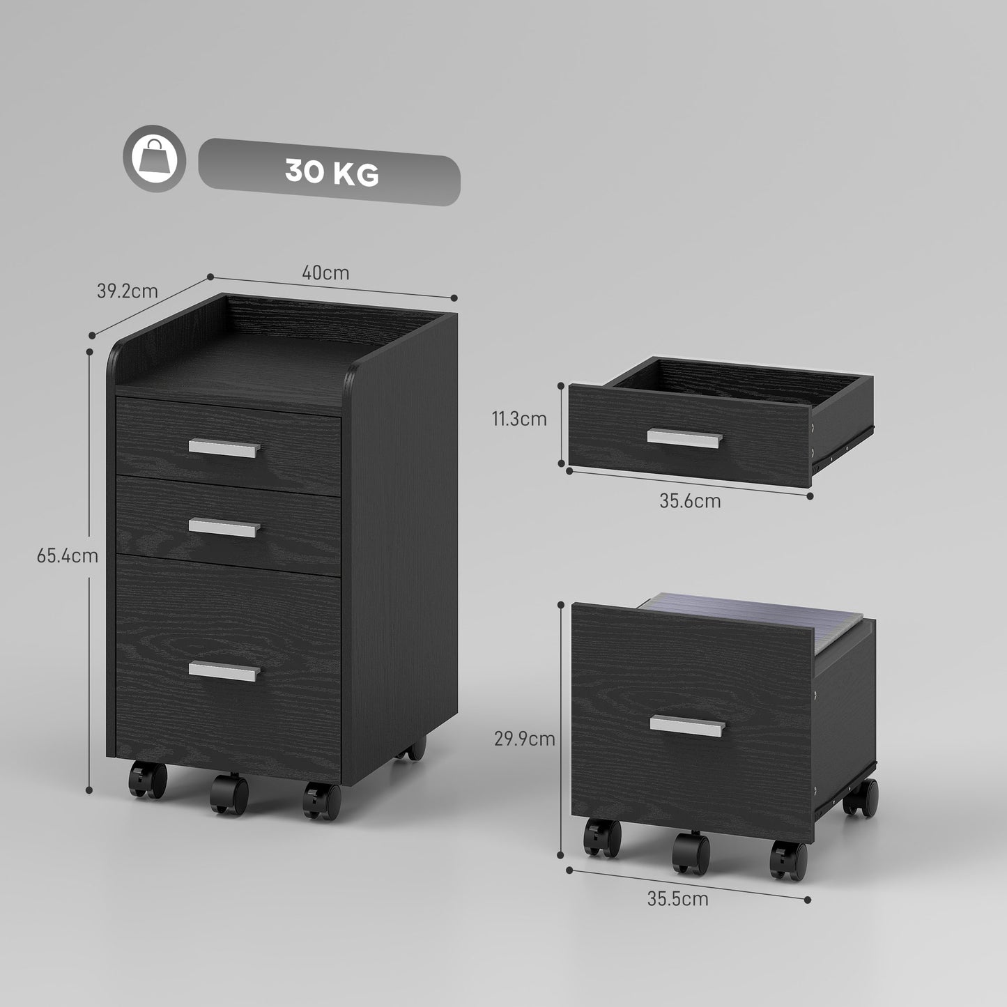 AI62 Decor 3 Drawer Rolling Filing Cabinet – Black