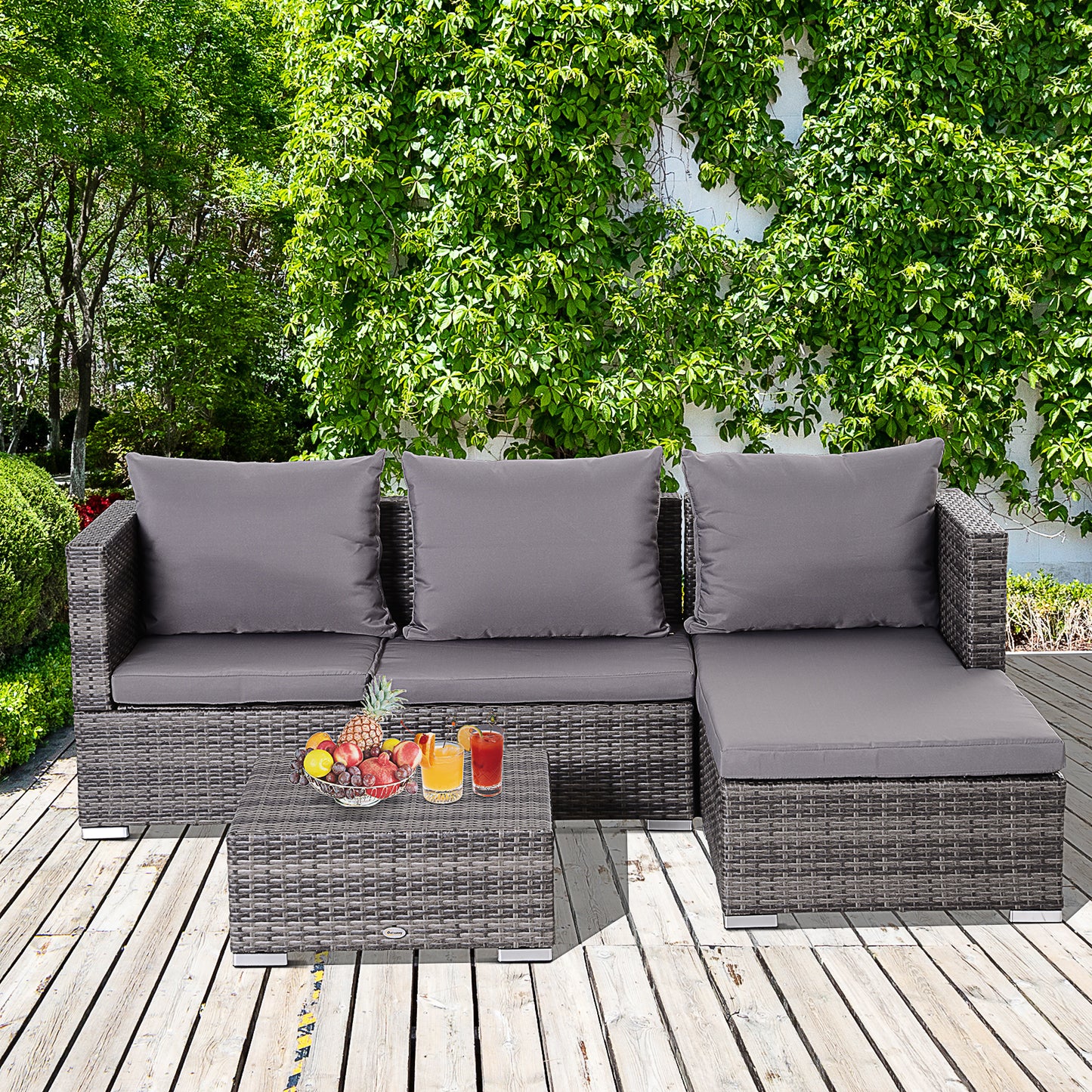 AI62 Decor 3-Piece Grey Rattan Garden Sofa Set with Coffee Table & Cushions – 4 Seater