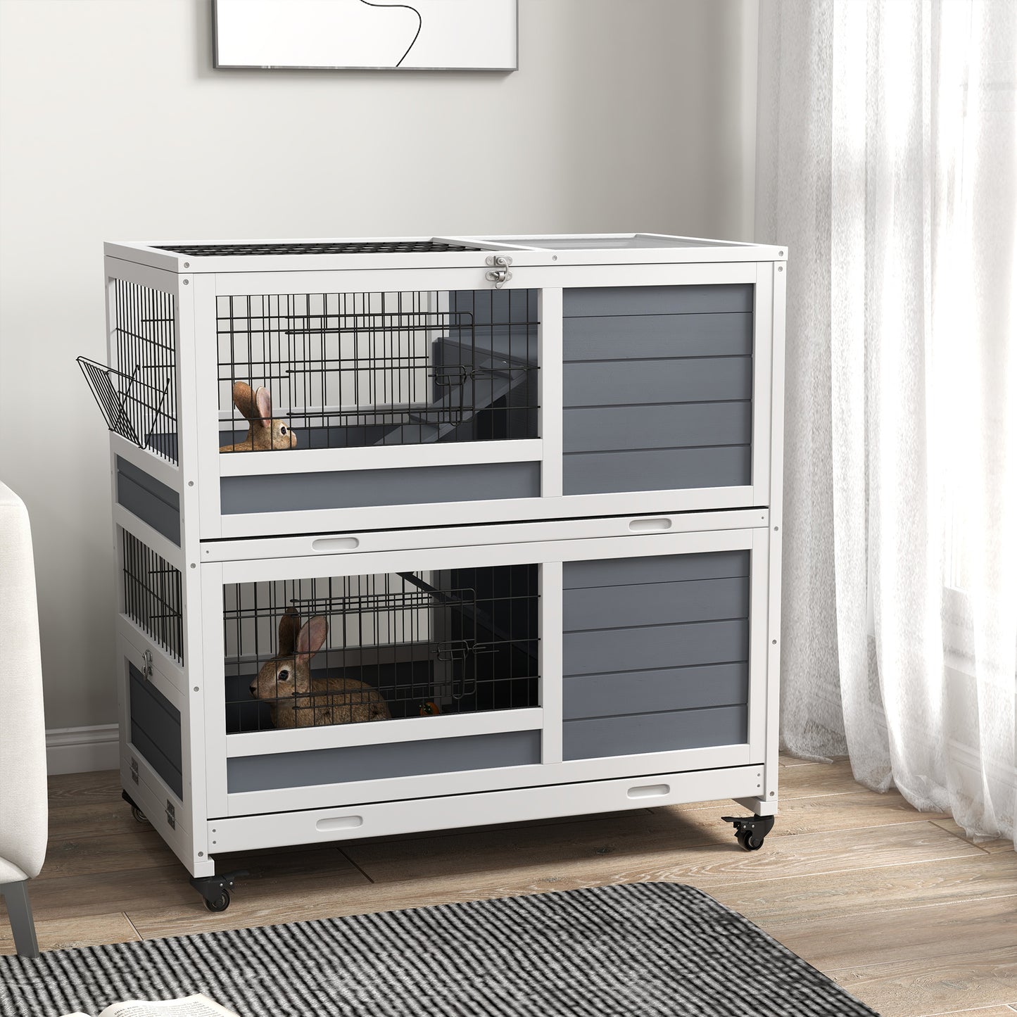 AI62 Decor Double Decker Guinea Pig & Rabbit Cage with Ramps – Grey