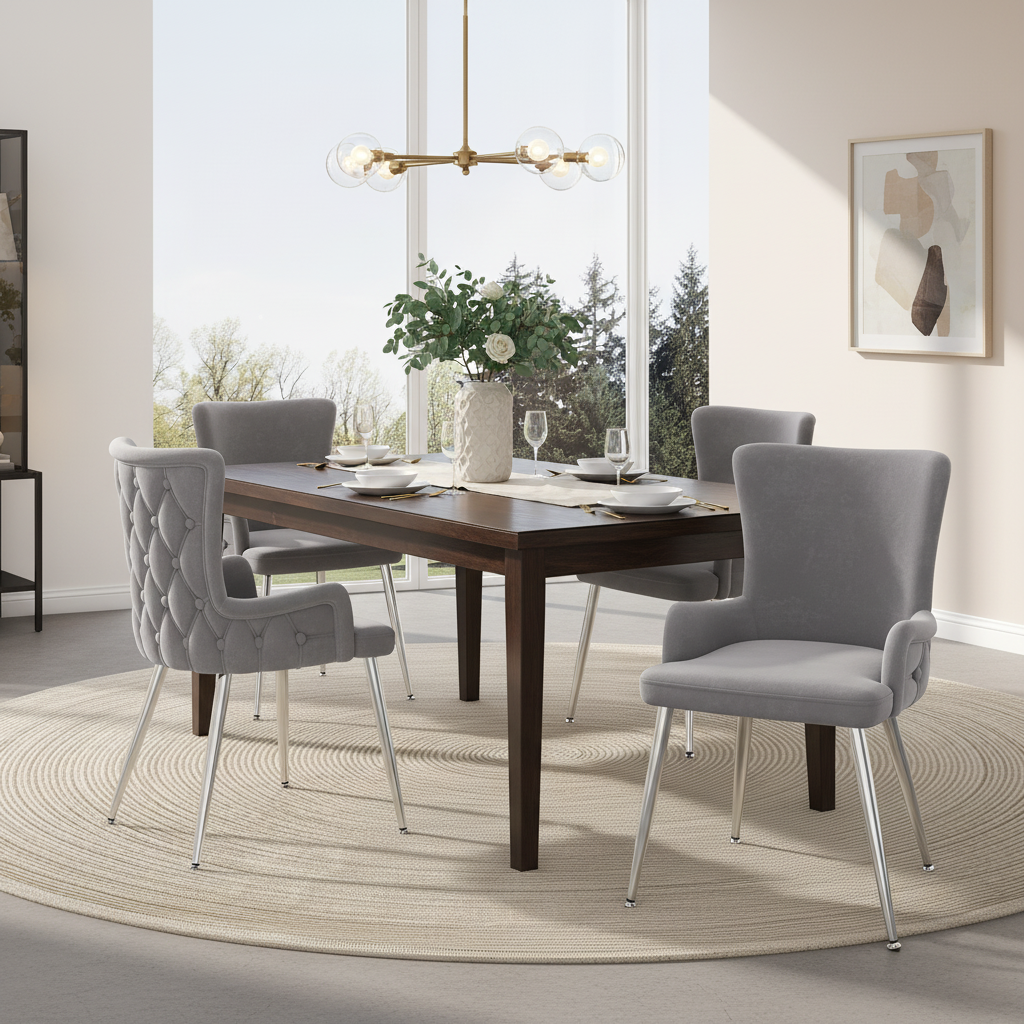 AI62 Decor Set of 6 Grey Velvet Dining Chairs with Silver Legs