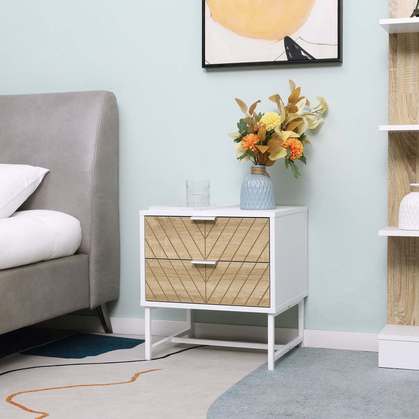 AI62 Decor2-Drawer Bedside Table with Metal Frame – White & Oak