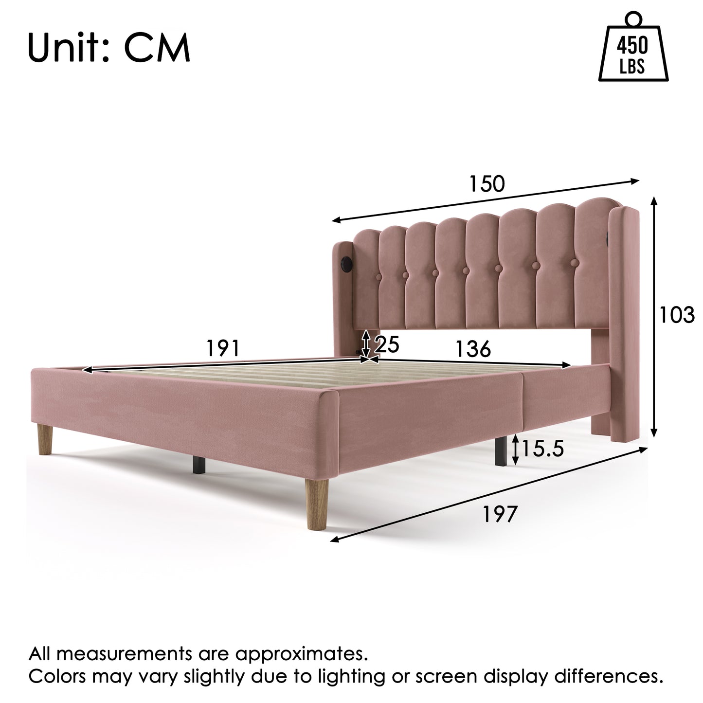 AI62 Decor Pink Velvet Double Bed 135x190cm with Charging Ports