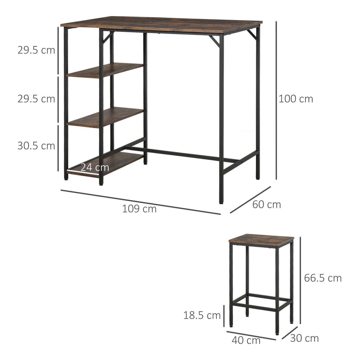 AI62 Decor Industrial 3-Piece Bar Table Set with 2 Stools & Side Shelf
