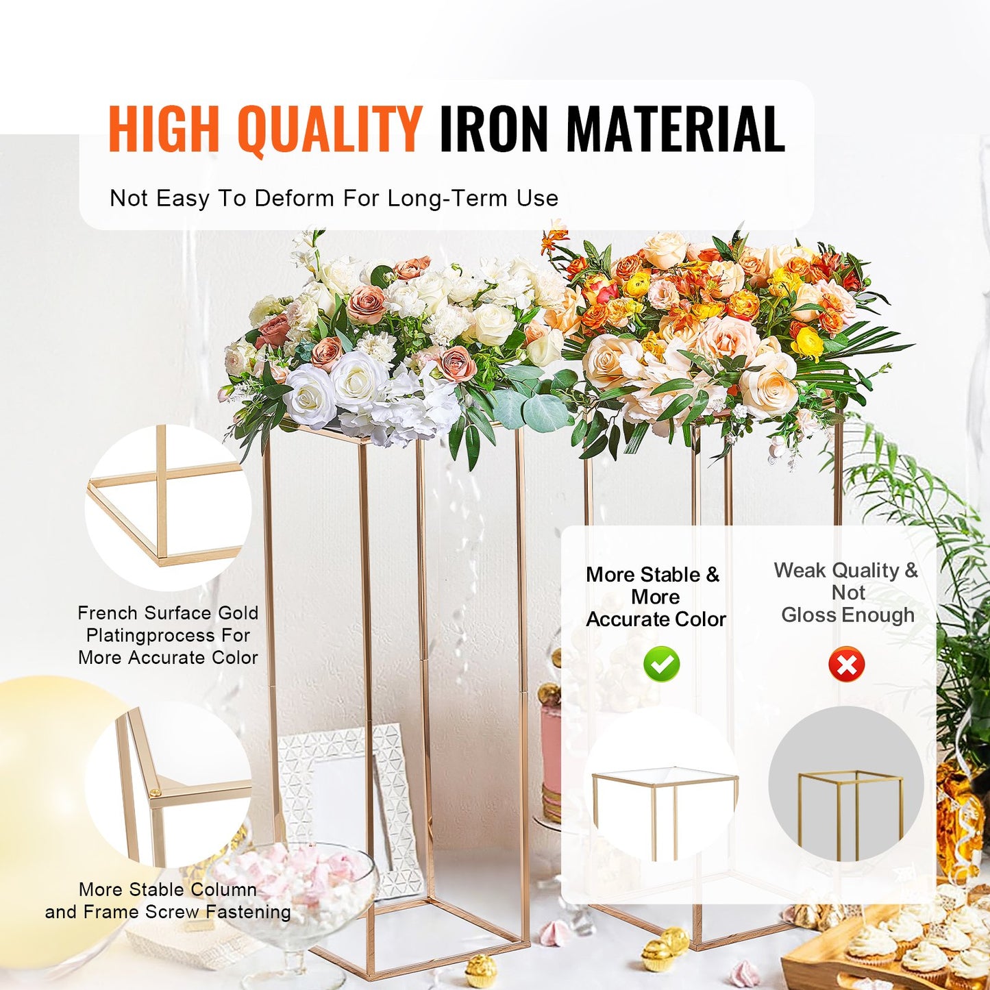 AI62 Decor 2PCS 80cm Gold Wedding Flower Stands with Acrylic Top – Rectangular Metal Display Columns