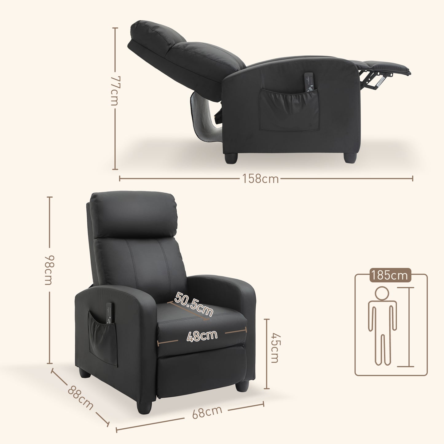 AI62 Decor Massage Recliner Armchair 150° Faux Leather Black