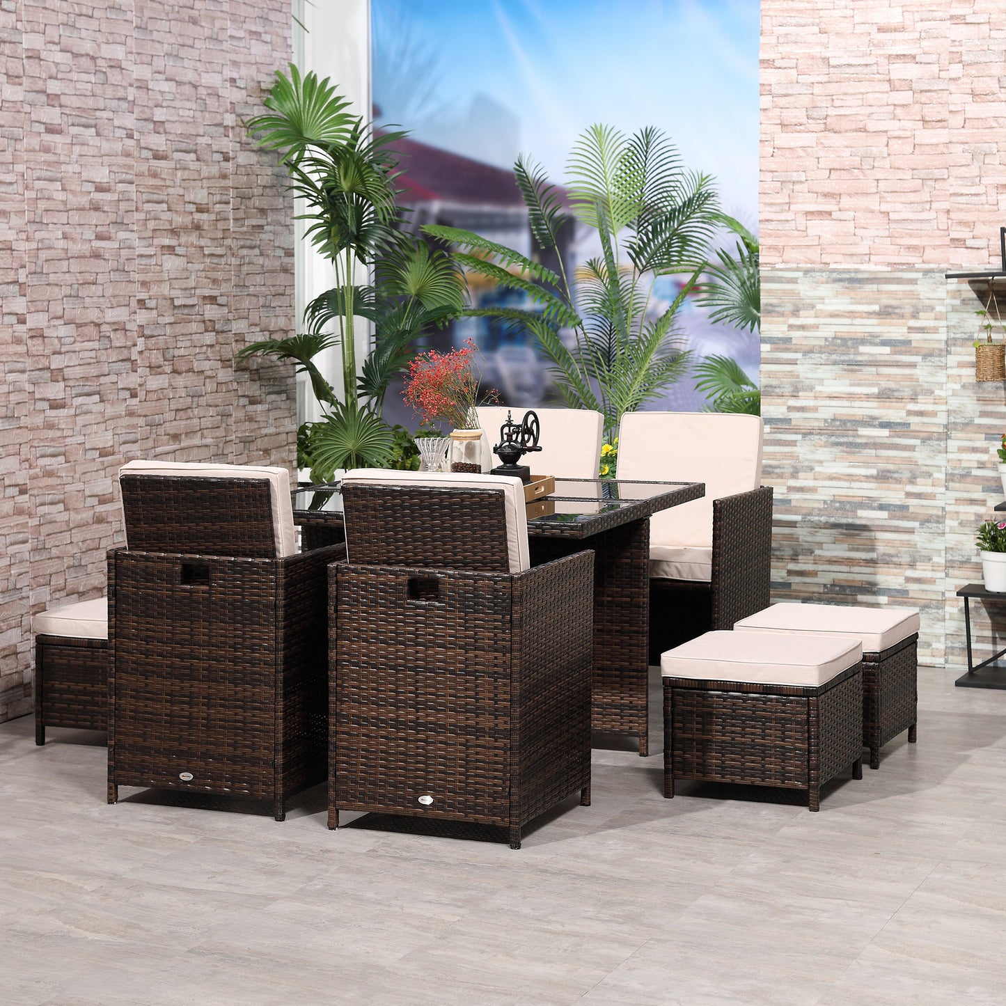 AI62 Decor 8-Seater Rattan Cube Garden Dining Set with Cushions – Brown