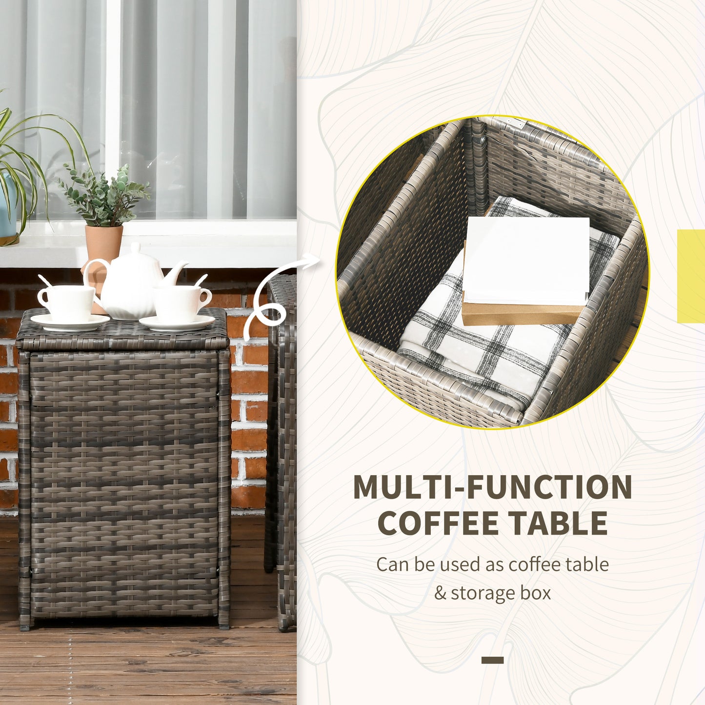AI62 Decor 3-Piece Rattan Bistro Set with Storage Table & Cushioned Chairs – Grey