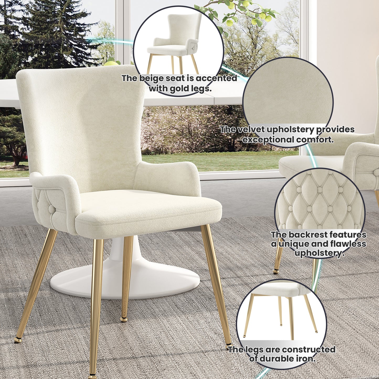AI62 Decor Luxurious Velvet Dining Chairs Beige with Gold Legs