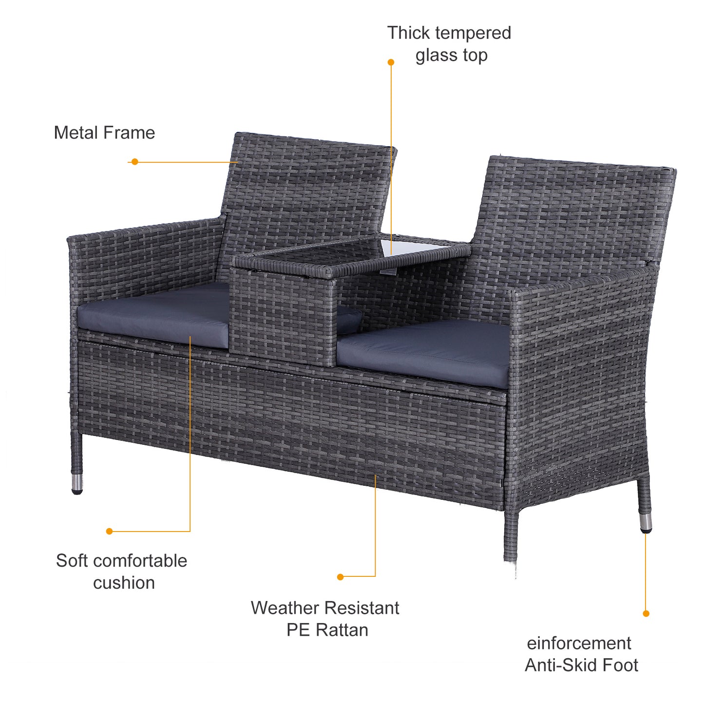 AI62 Decor 2-Seater PE Rattan Outdoor Garden Bench W/ Centre Table Grey