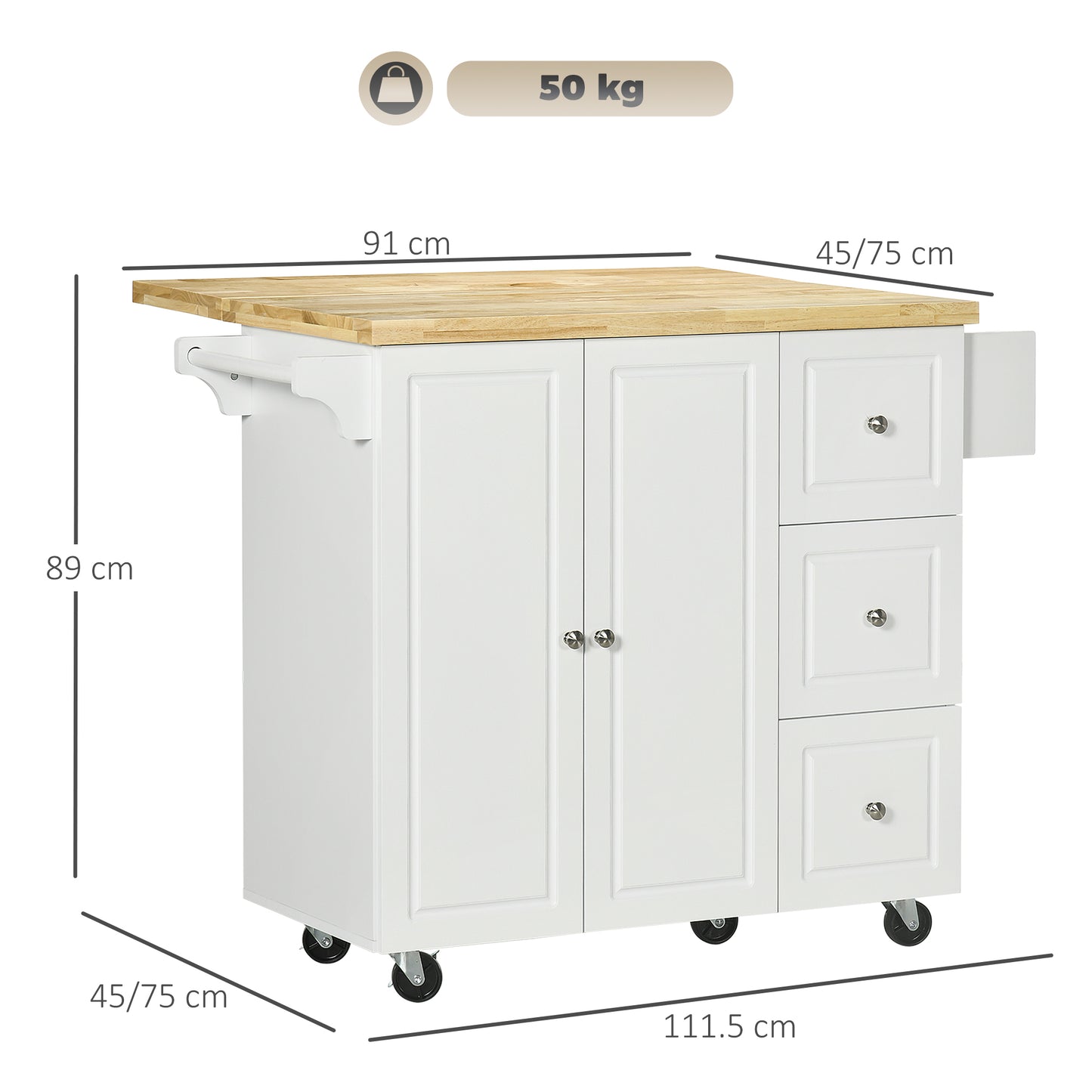 AI62 Decor White Rolling Kitchen Island with Storage & Drop Leaf