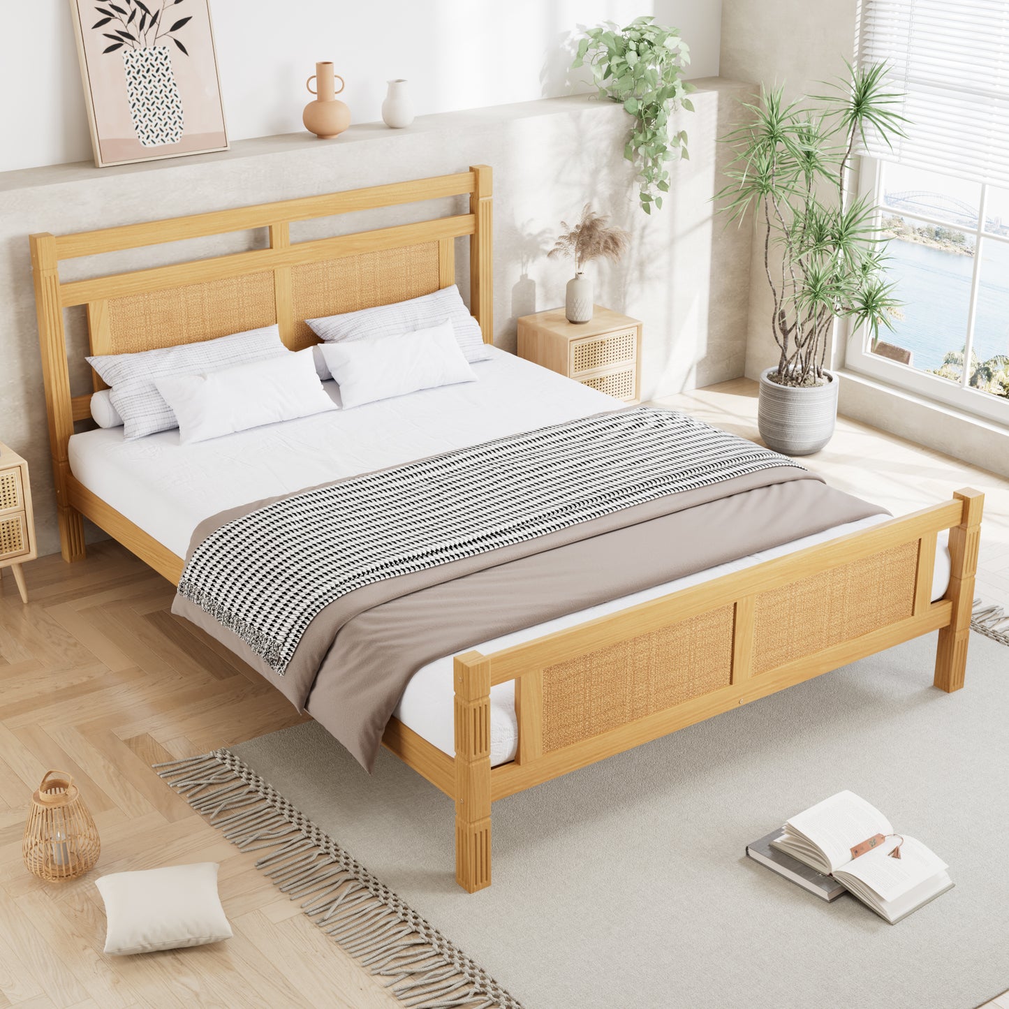AI62 Decor Double Bed 4FT6 with Sturdy Slats – Natural Wood