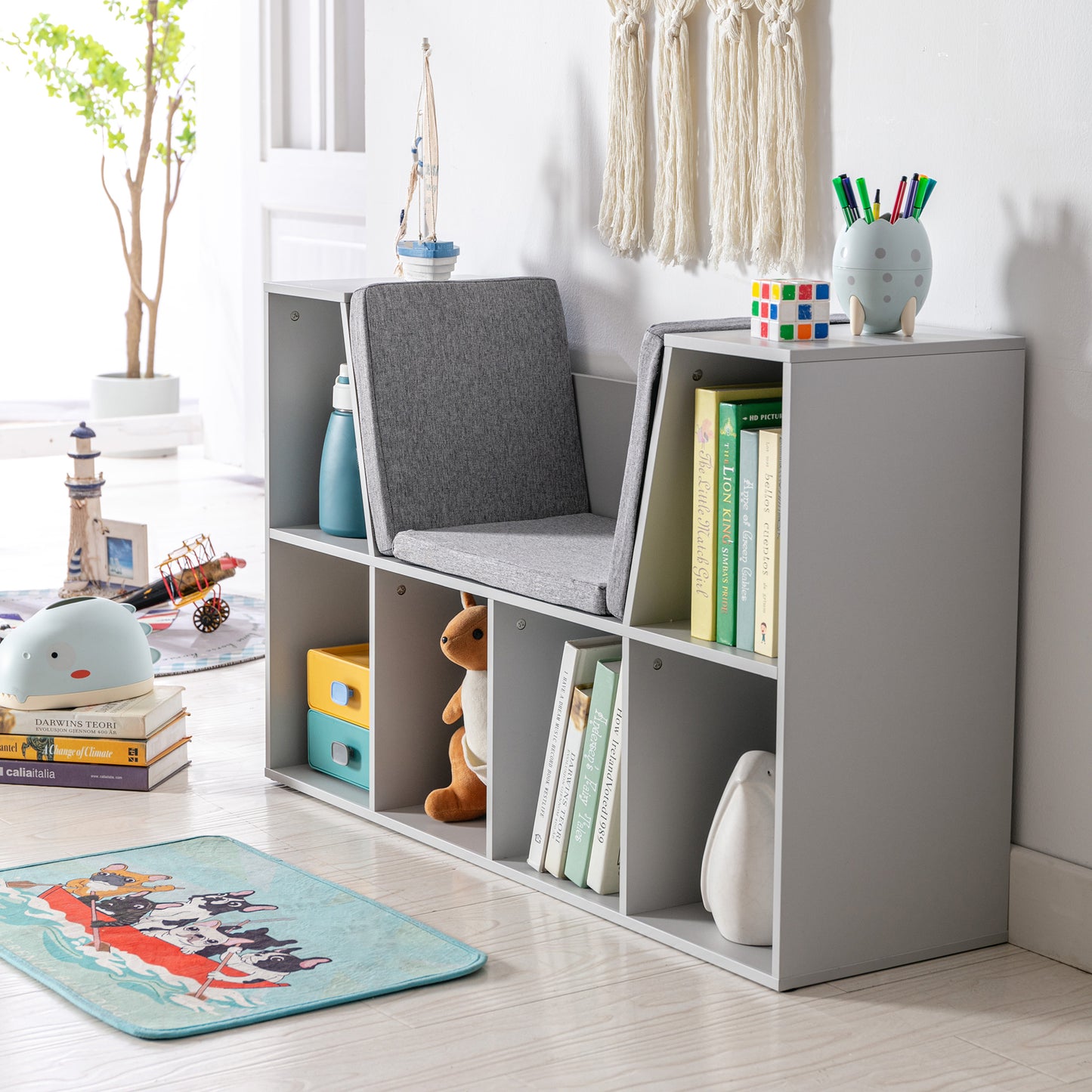 AI62Decor Kids 6-Compartment Bookcase Storage Cabinet with Seat Cushion – Grey