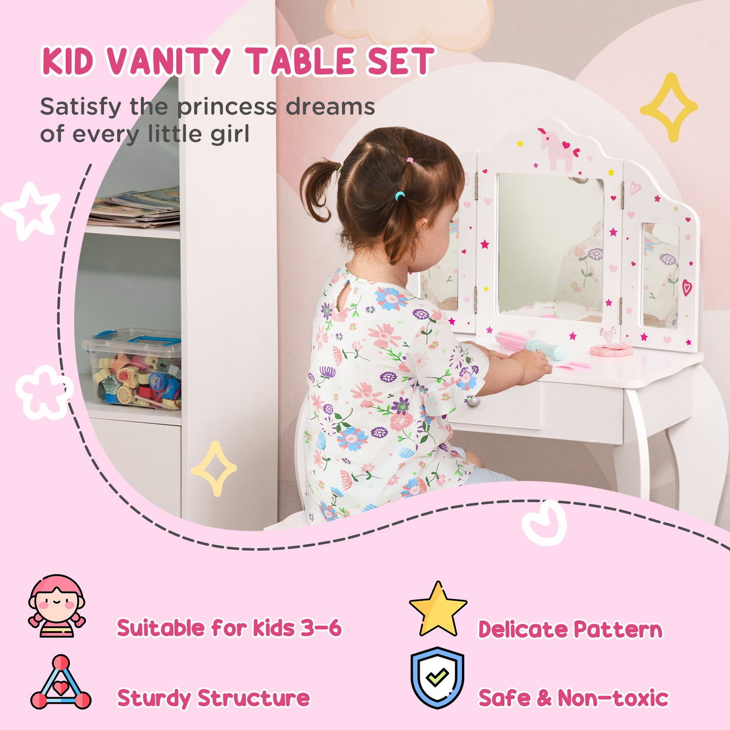 AI62 Decor Kids Vanity Table & Chair Set with Tri-Folding Mirror – White