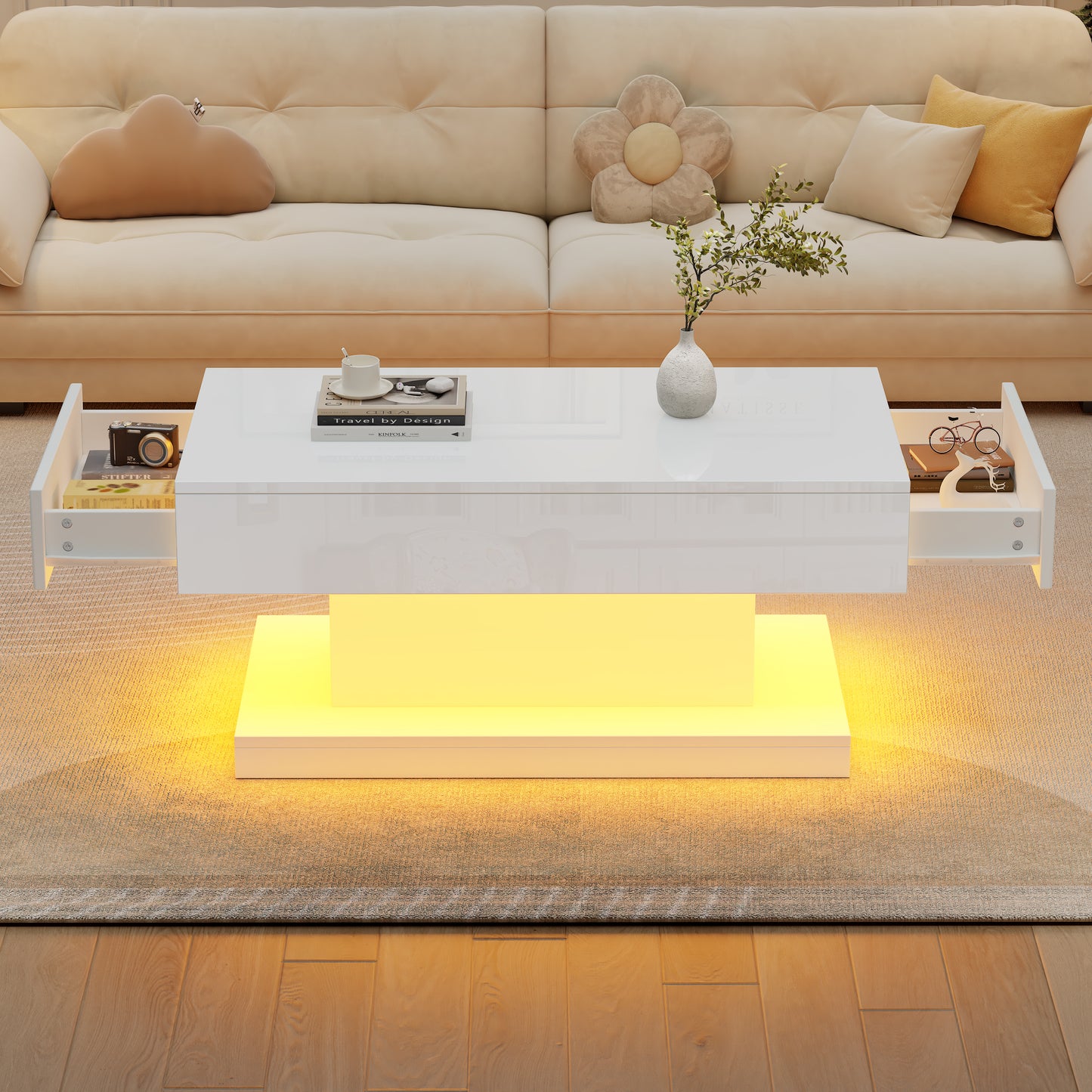 AI62 Decor High-Gloss LED Coffee Table with 2 Drawers (White, 100×50×45 cm)