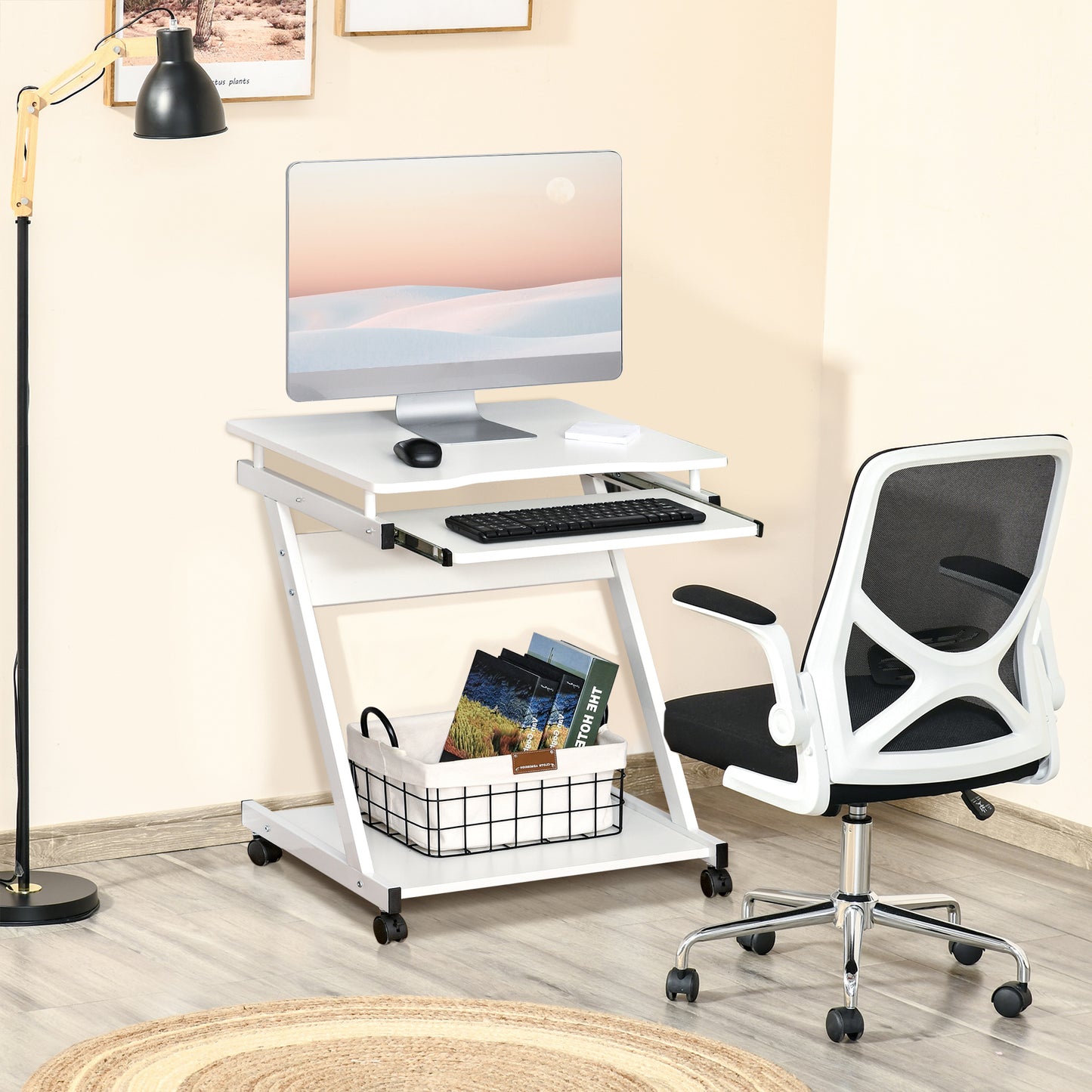 AI62 Decor Mobile Computer Desk with Keyboard Tray – White