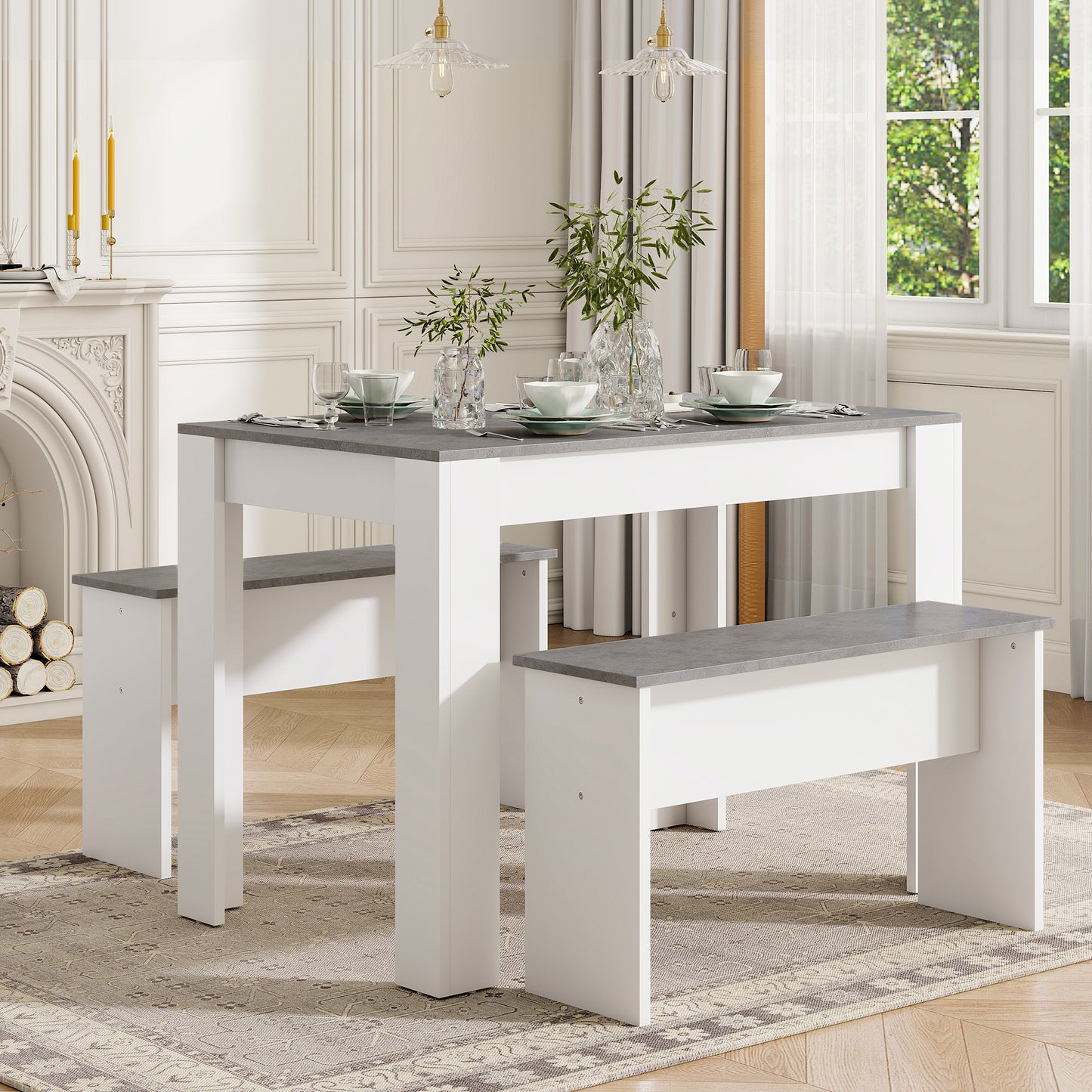 AI62 Decor Dining Table Set with 2 Benches