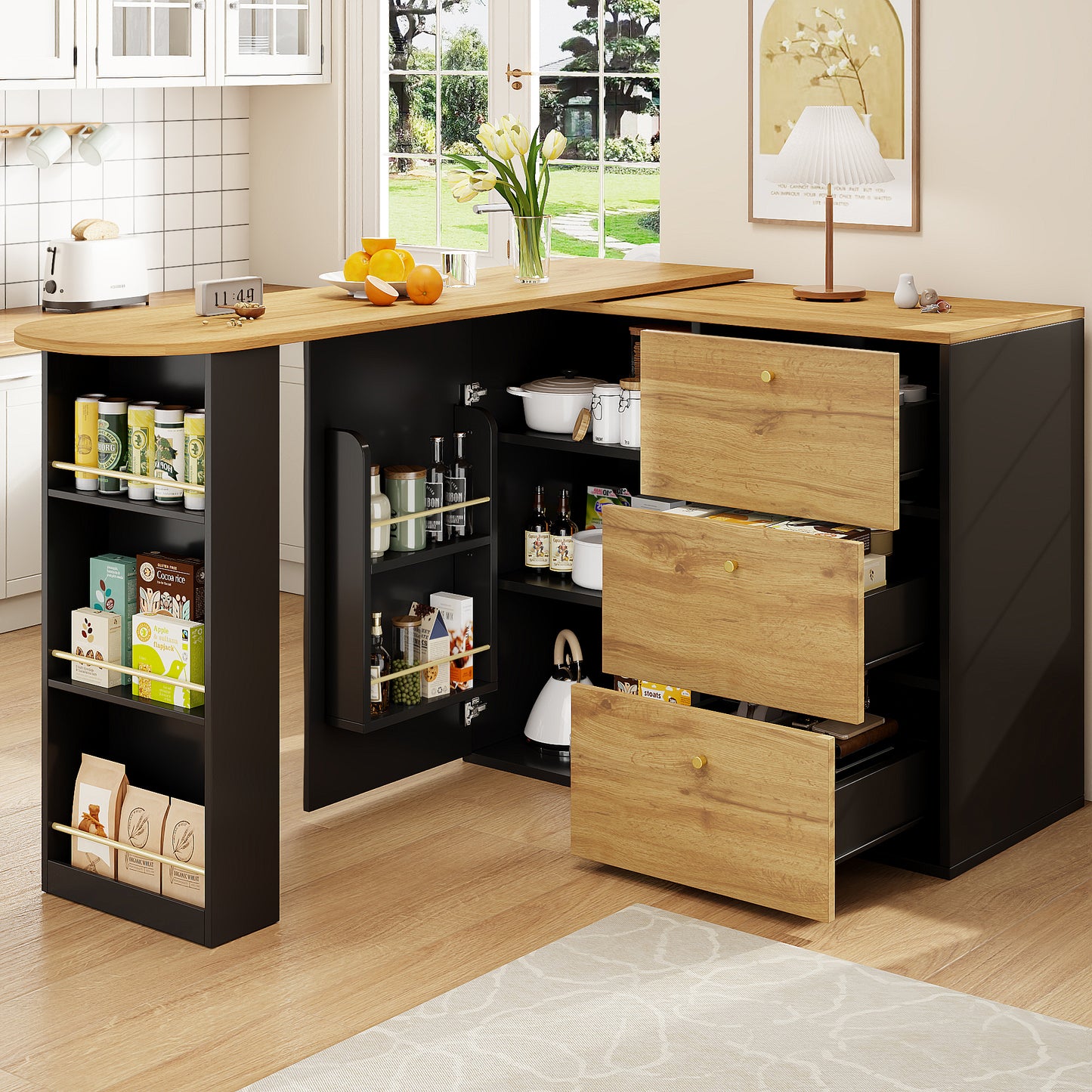 AI62 Decor Extendable Rotating Bar Table with Storage – Wood Grain Finish