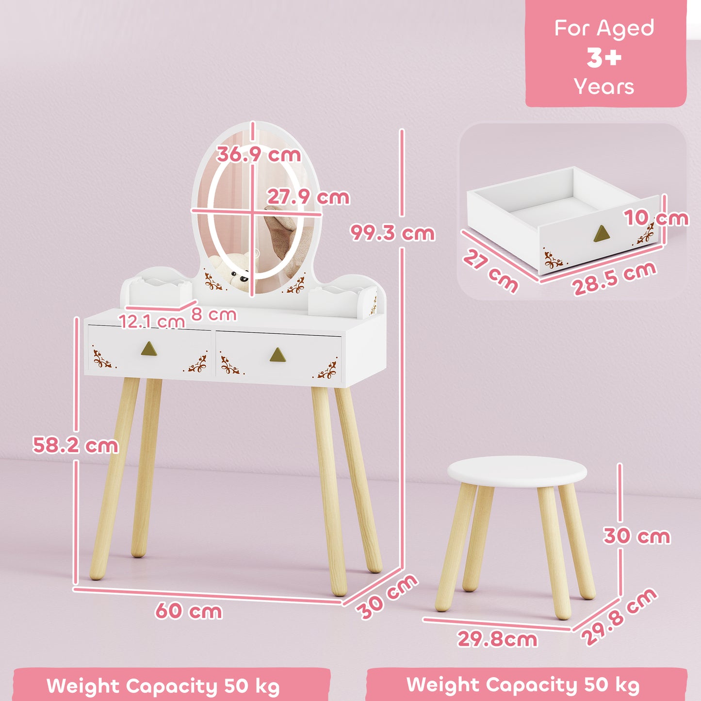 AI62 Decor Kids Vanity Set with LED Mirror & Chair – White